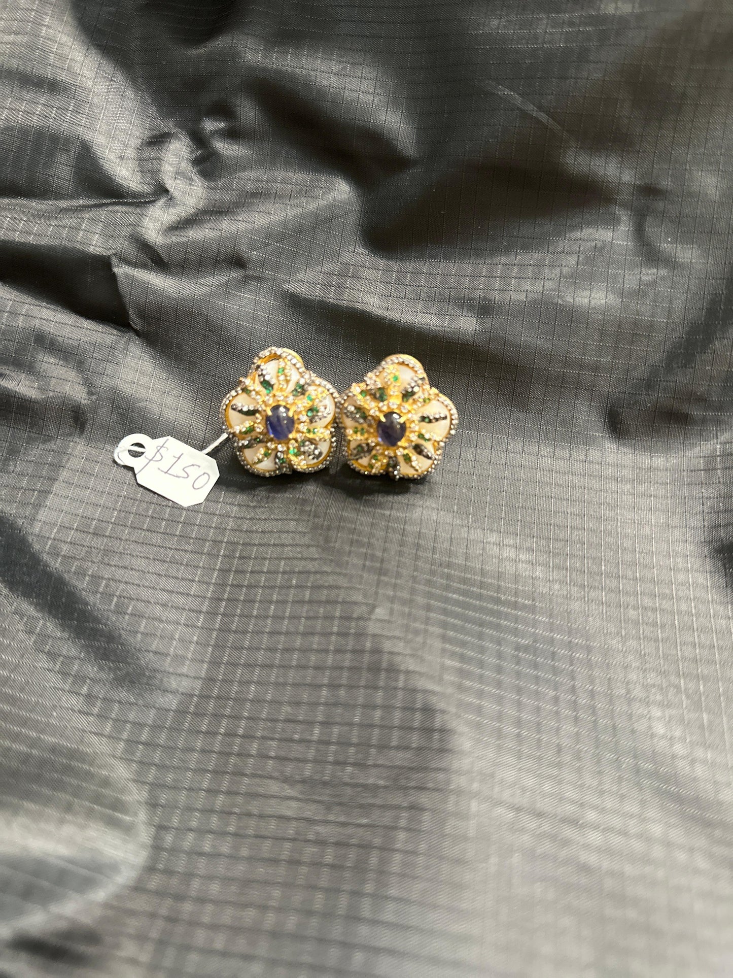 Pure 92.5 Silver MOP Statement Studs highlighted with semiprecious Blue lapis and nano CZ