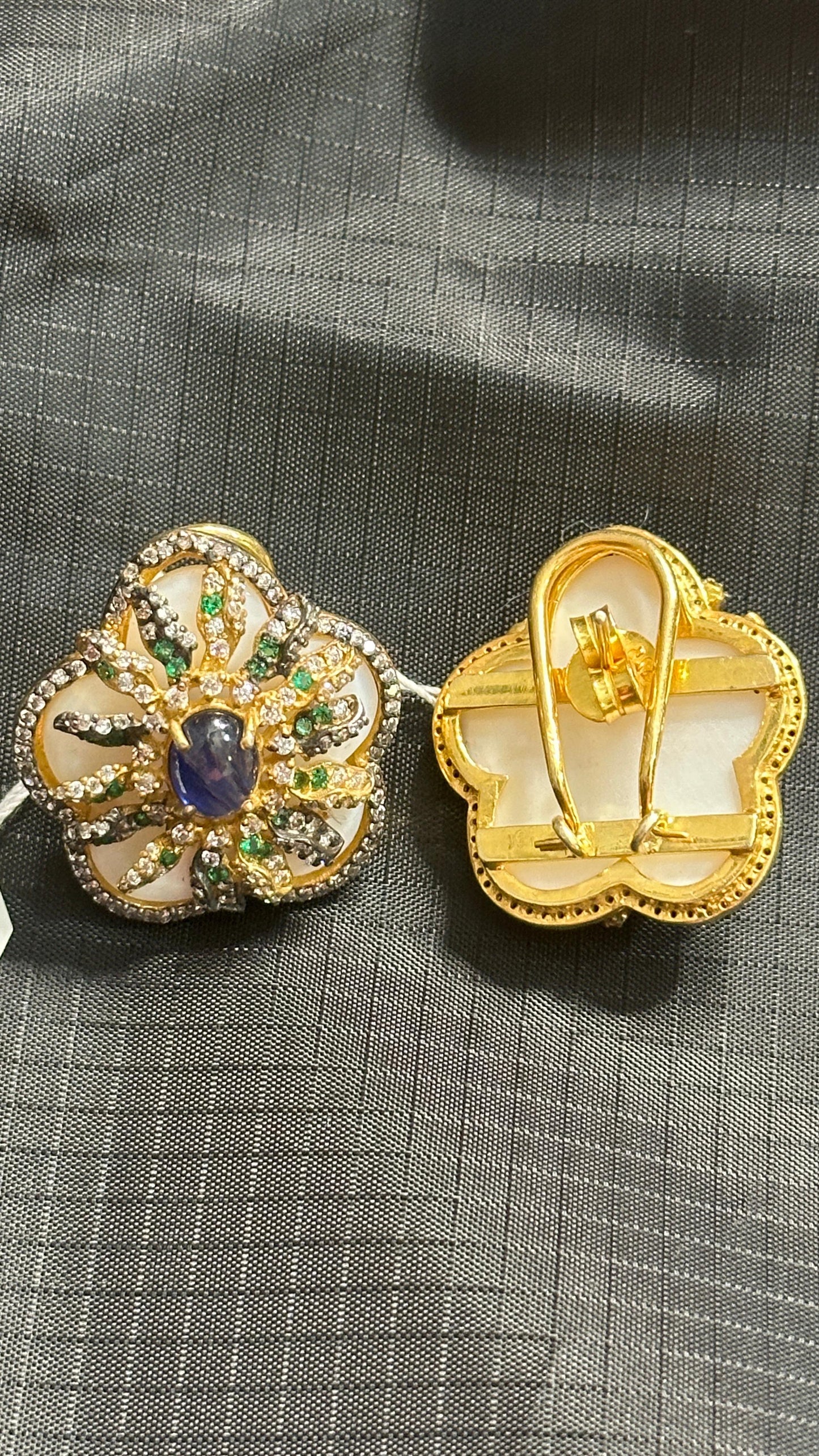 Pure 92.5 Silver MOP Statement Studs highlighted with semiprecious Blue lapis and nano CZ