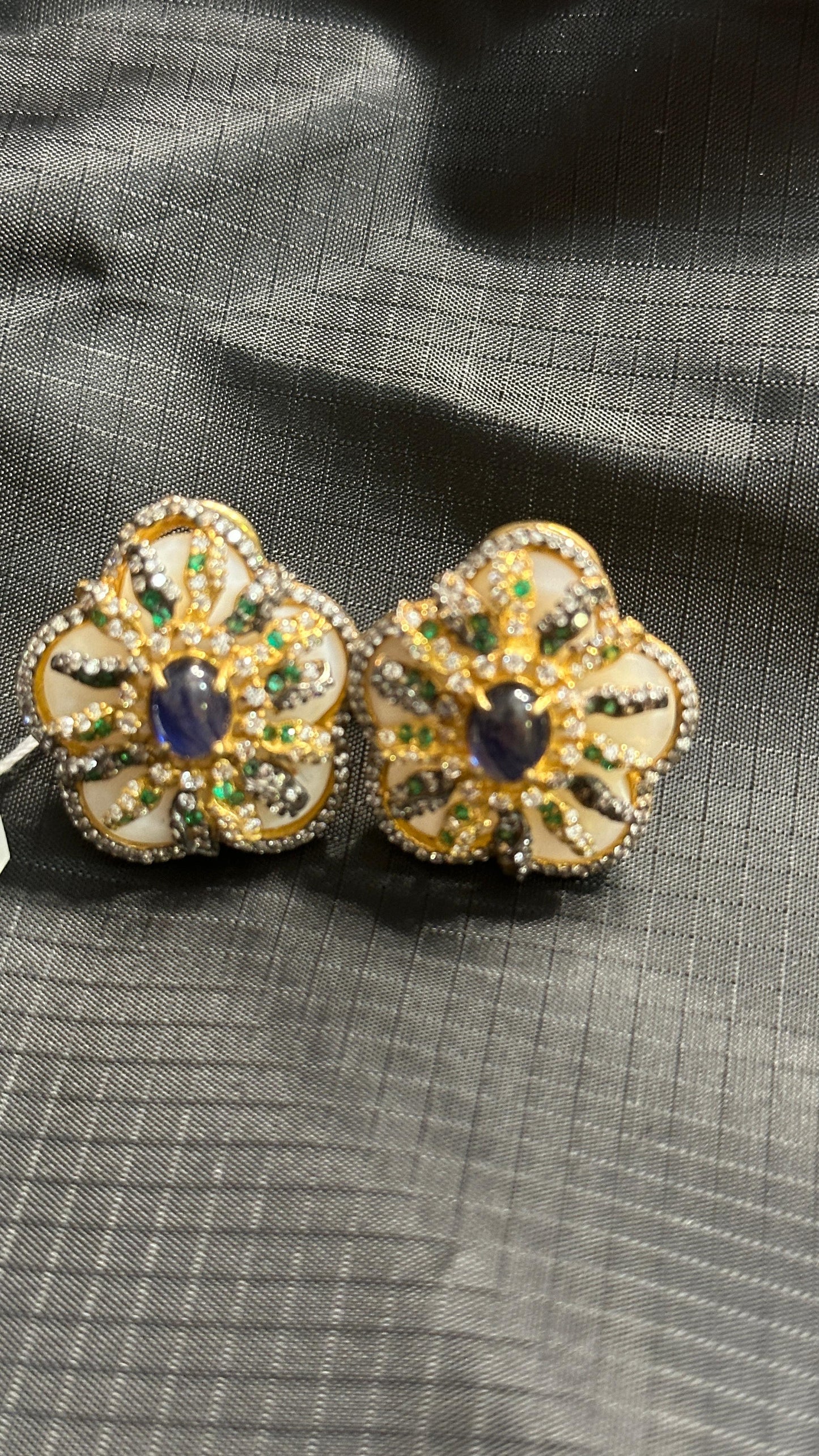 Pure 92.5 Silver MOP Statement Studs highlighted with semiprecious Blue lapis and nano CZ