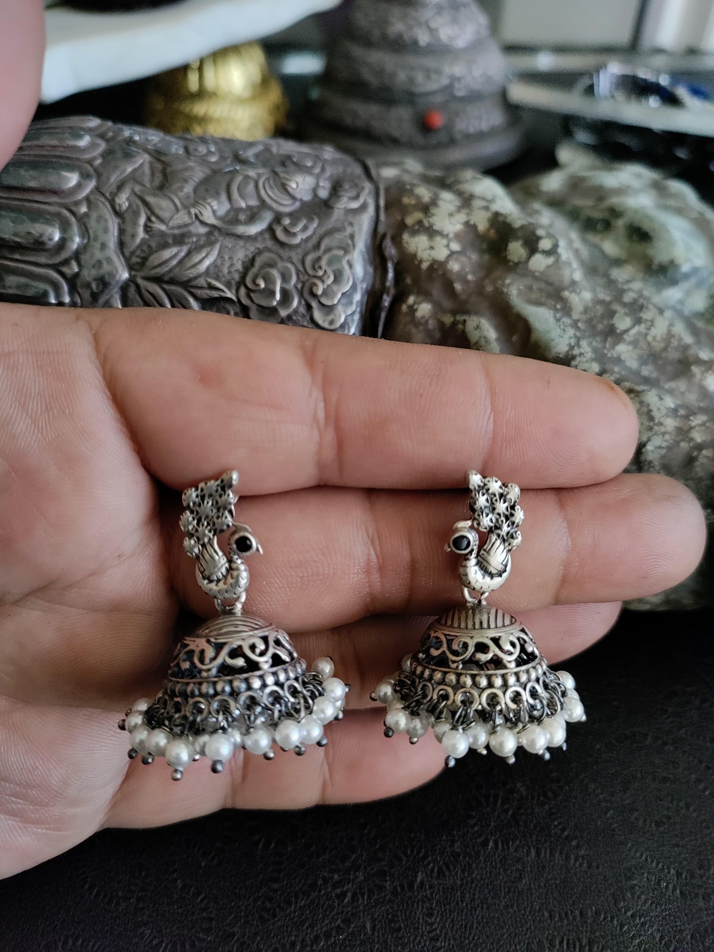 Pure 92.5 Silver ( Silver tone ) Earrings embellished with fresh water pearls