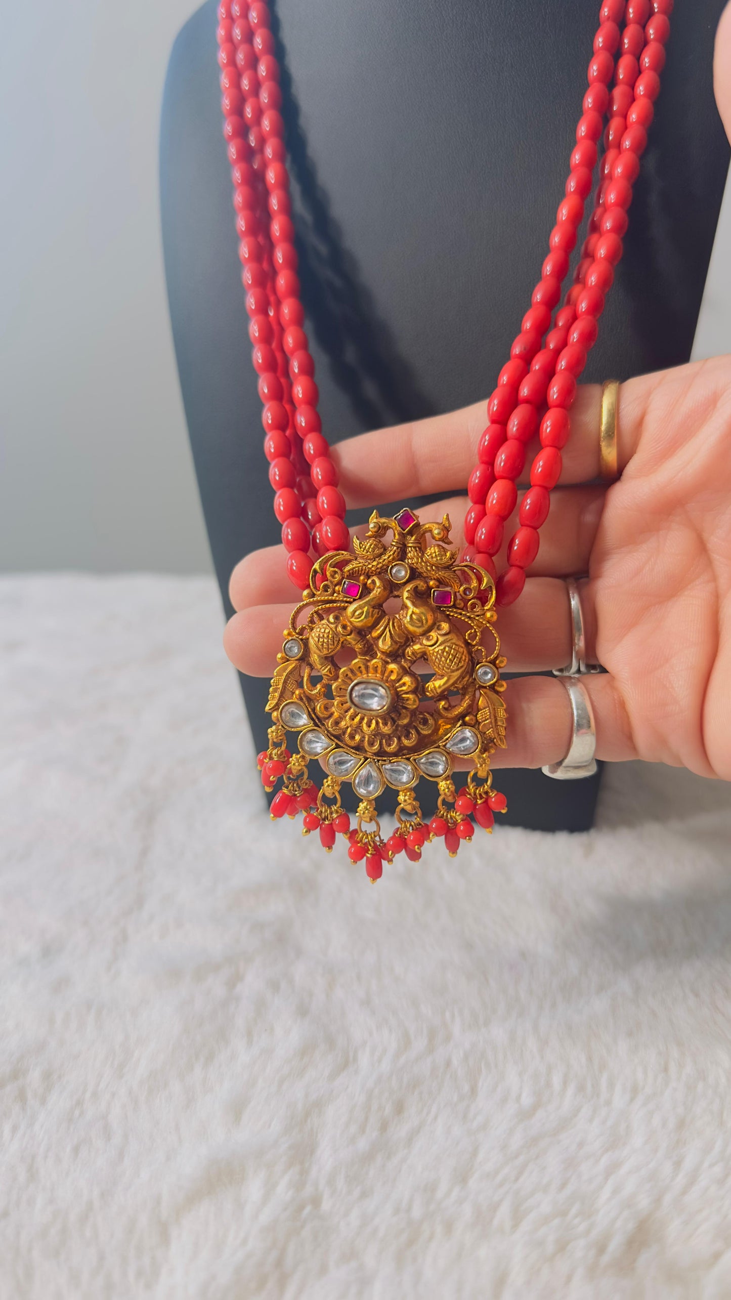Pure 92.5 Silver with Gold polish Elephant pendant embellishment with Coral beads & Polki Kundan beads
