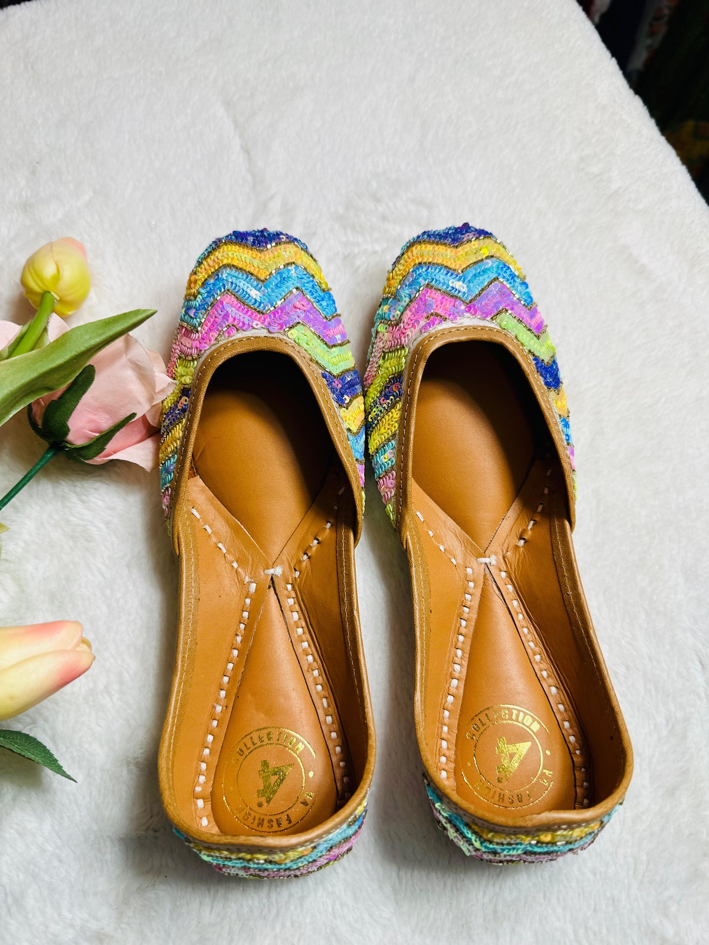 Rainbow multicoloured Premium designer pure leather Jutti with double cushion and highlighted with all handwork