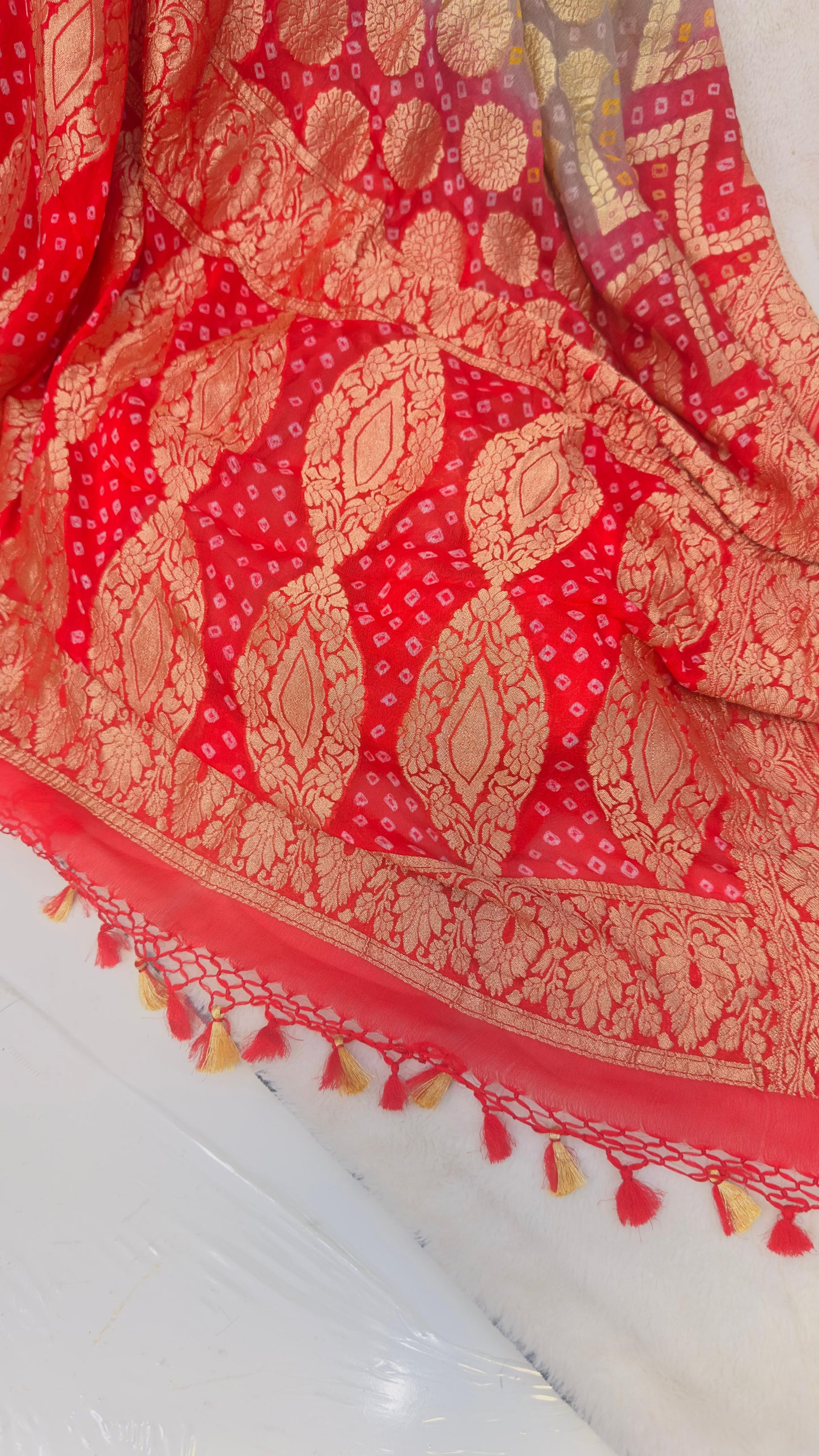 Red-Grey Pure Khaddi Georgette hand rai Bandhani Banarasi saree with tested Gold zari weaving