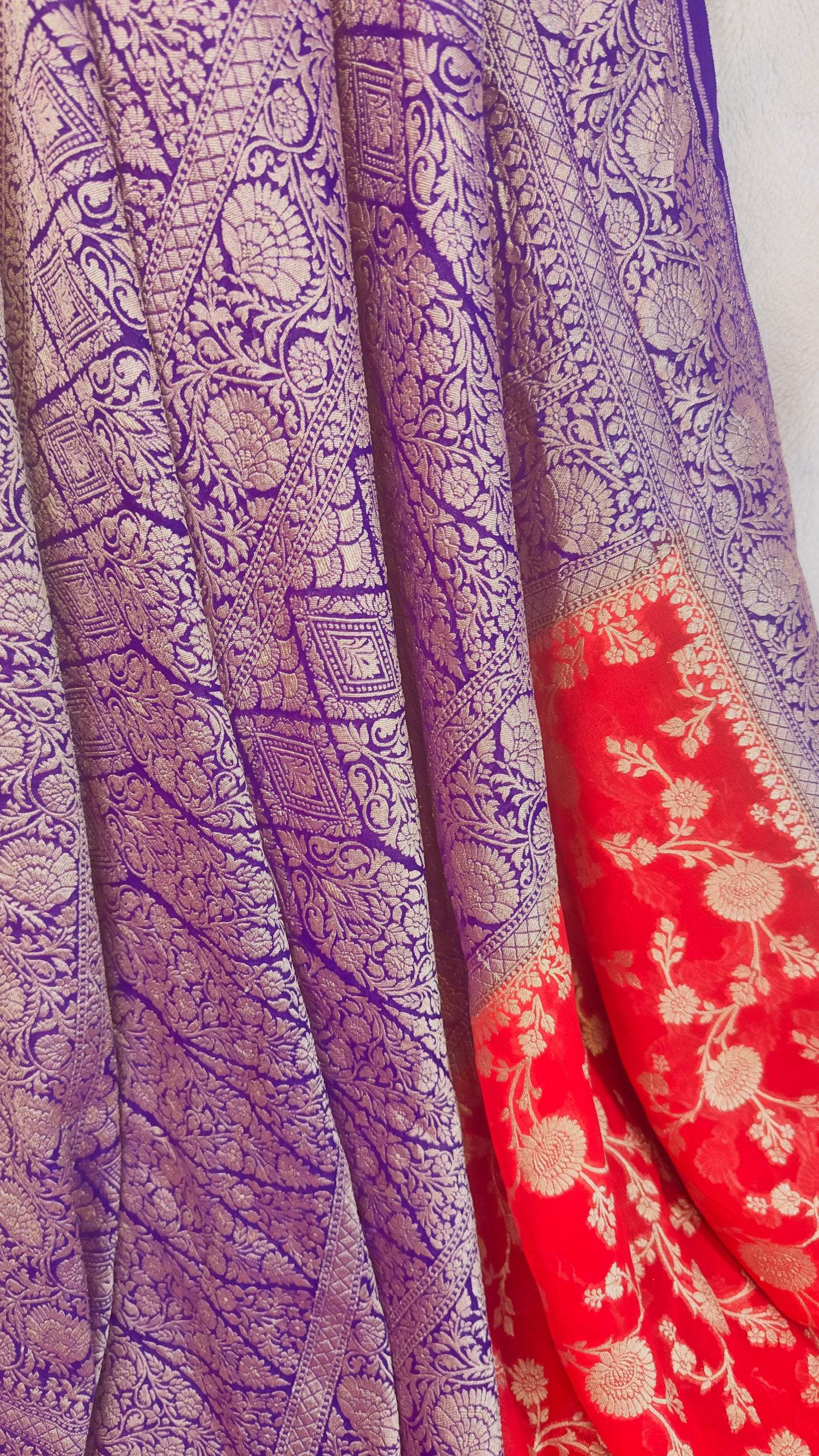 Red-Purple Pure Khaddi Georgette handloom Banarasi saree with tested Gold zari weaving
