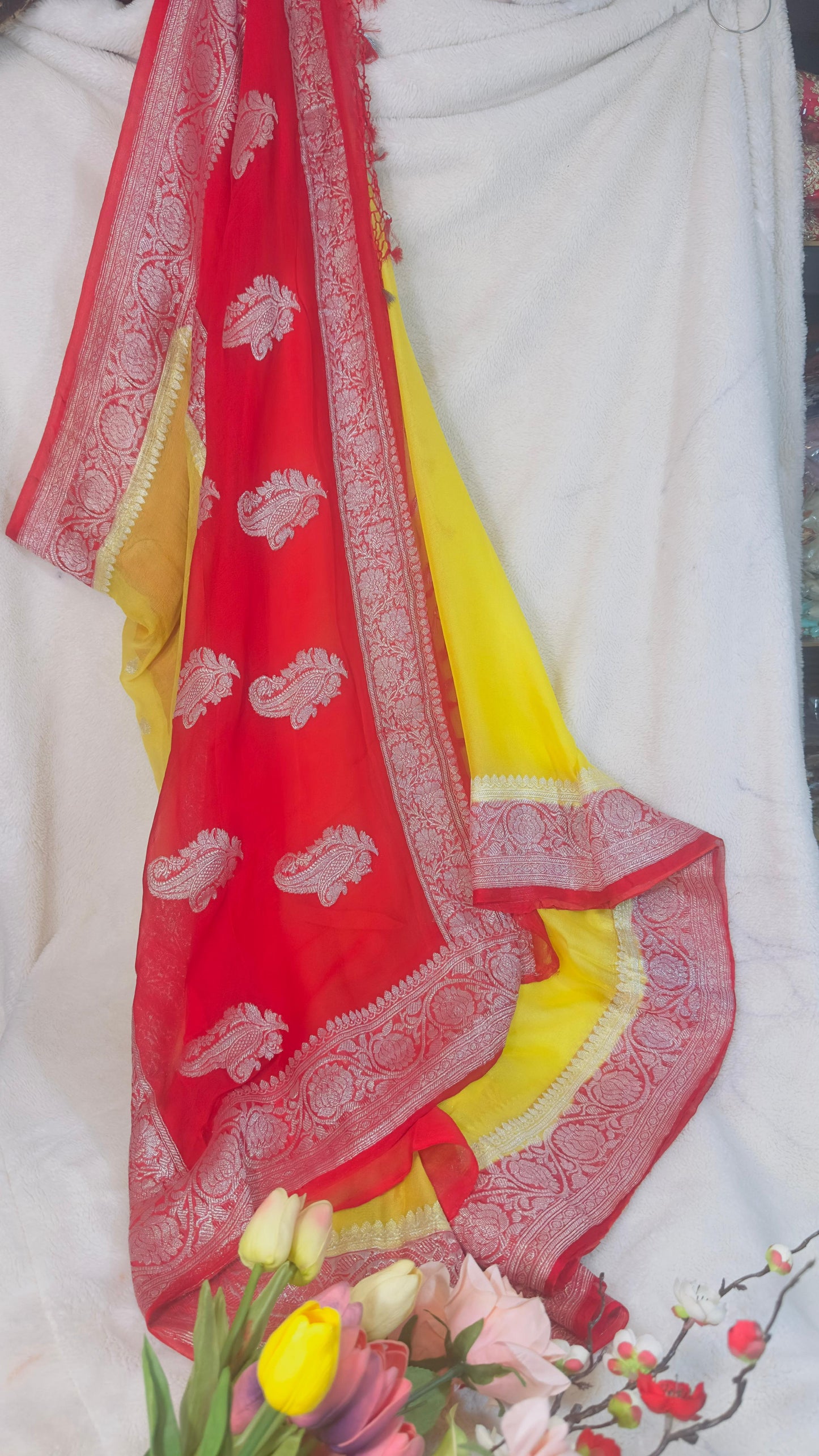 Red-Yellow Pure Khaddi Chiffon handloom Banarasi saree with tested Silver zari weaving