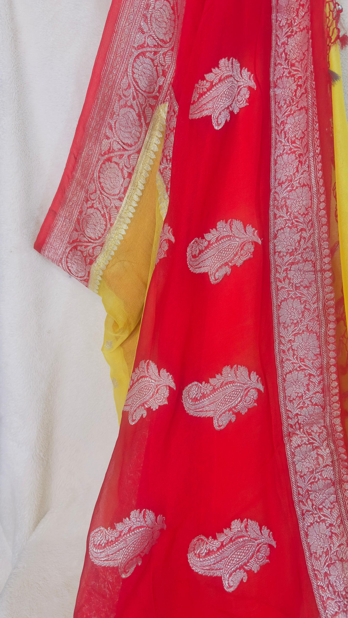 Red-Yellow Pure Khaddi Chiffon handloom Banarasi saree with tested Silver zari weaving