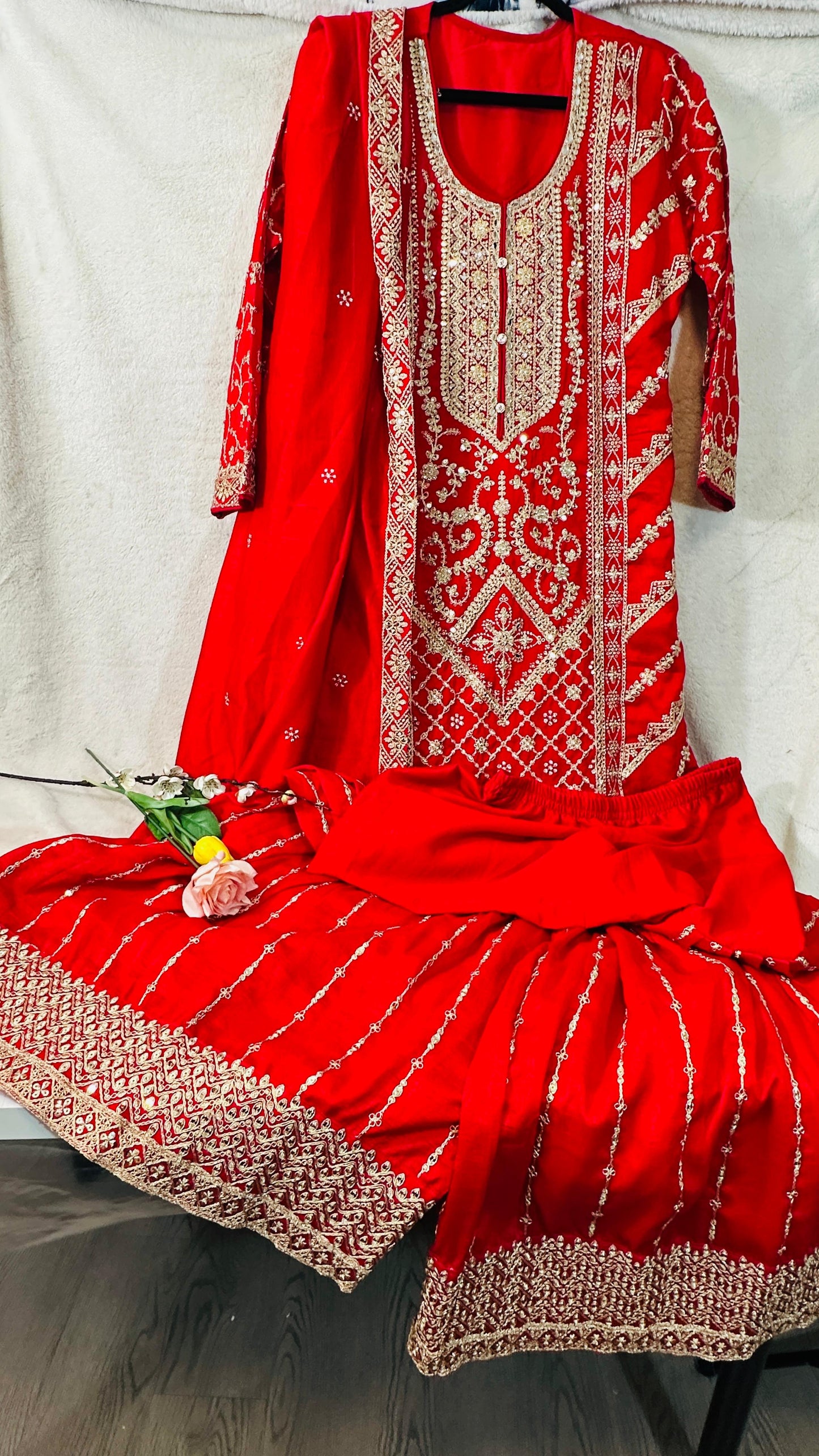 Red CHINON silk suit highlighted with pearl, Cutdana, Mirror& thread hand work