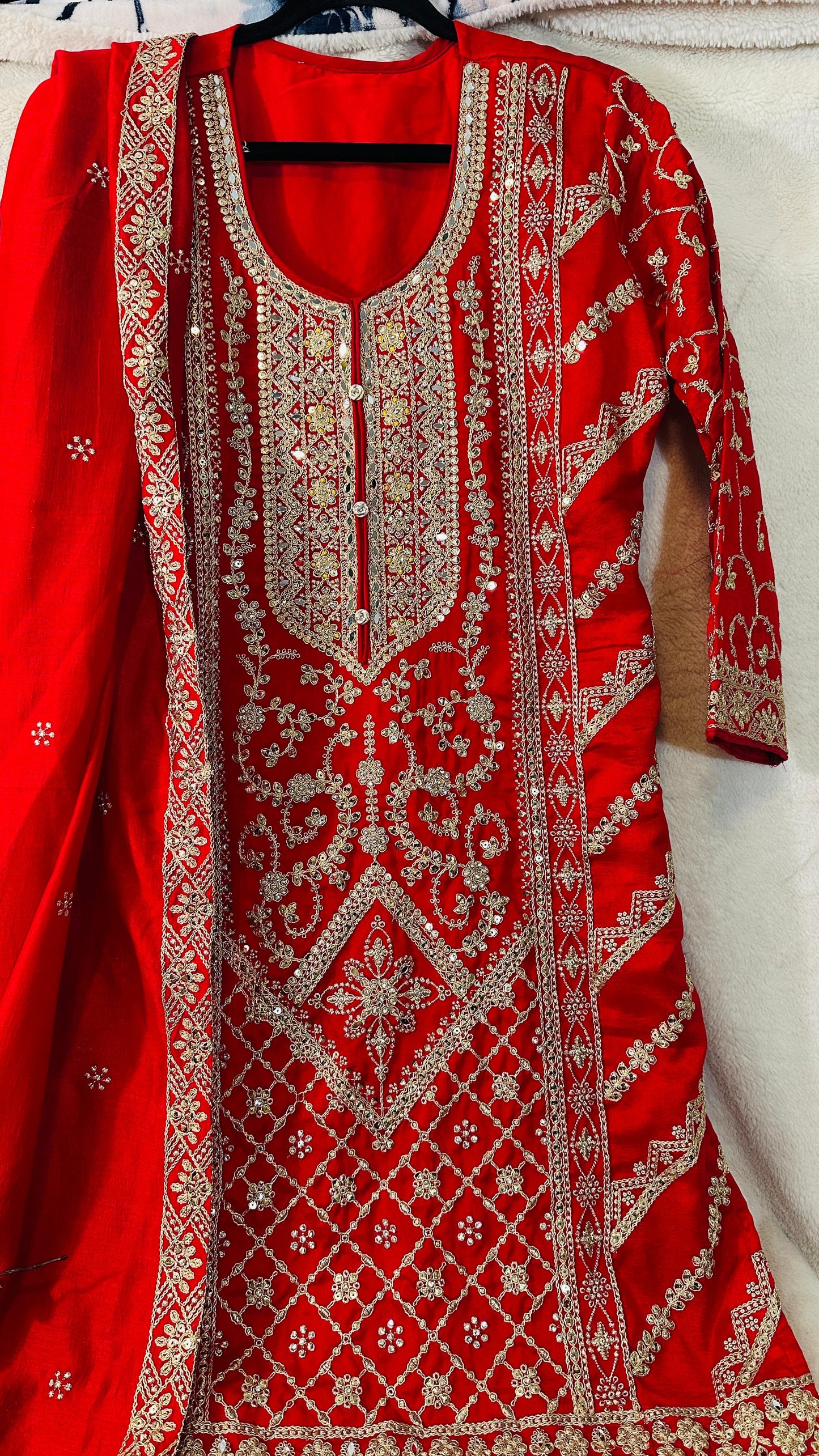 Red CHINON silk suit highlighted with pearl, Cutdana, Mirror& thread hand work