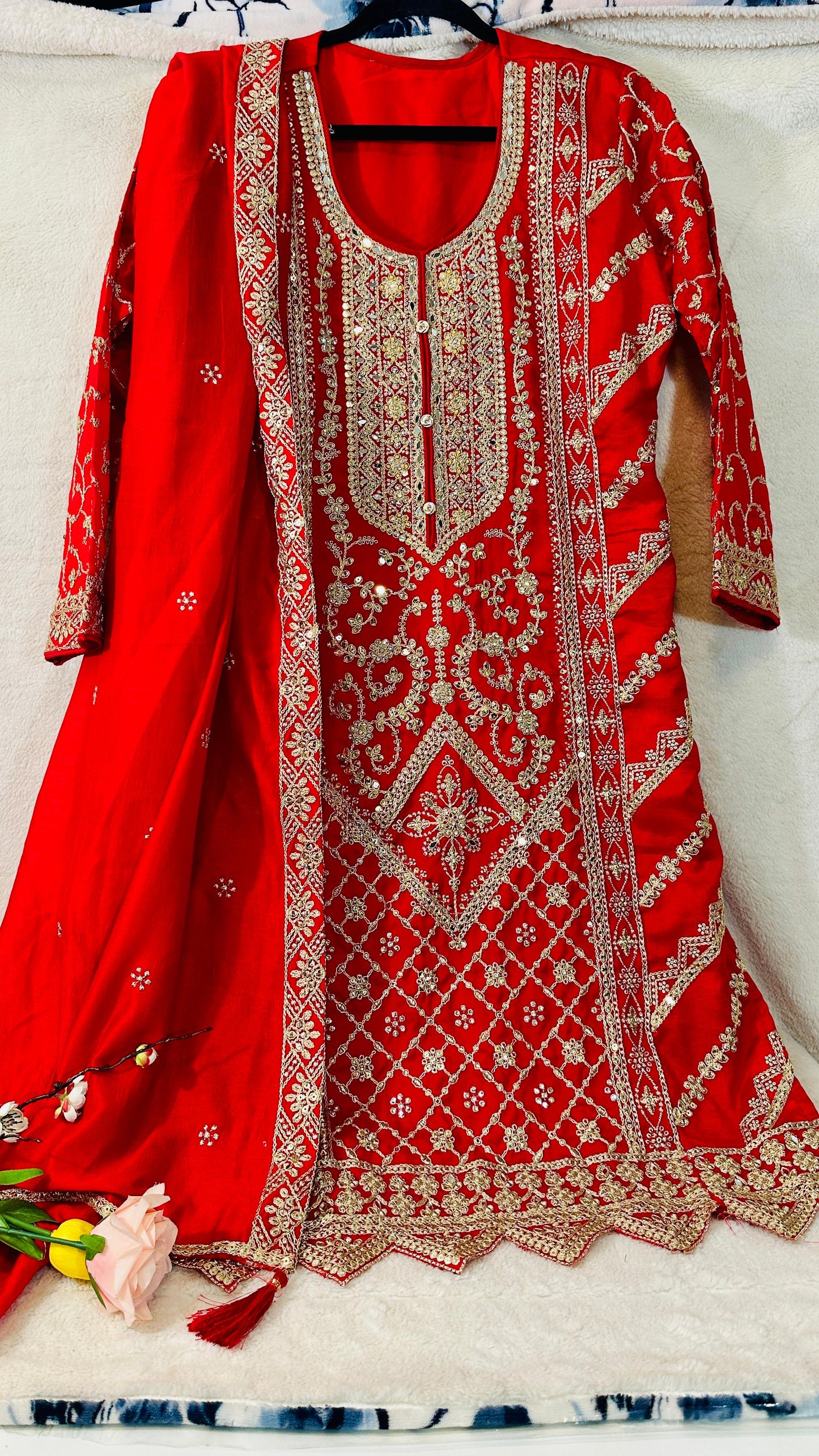 Red CHINON silk suit highlighted with pearl, Cutdana, Mirror& thread hand work