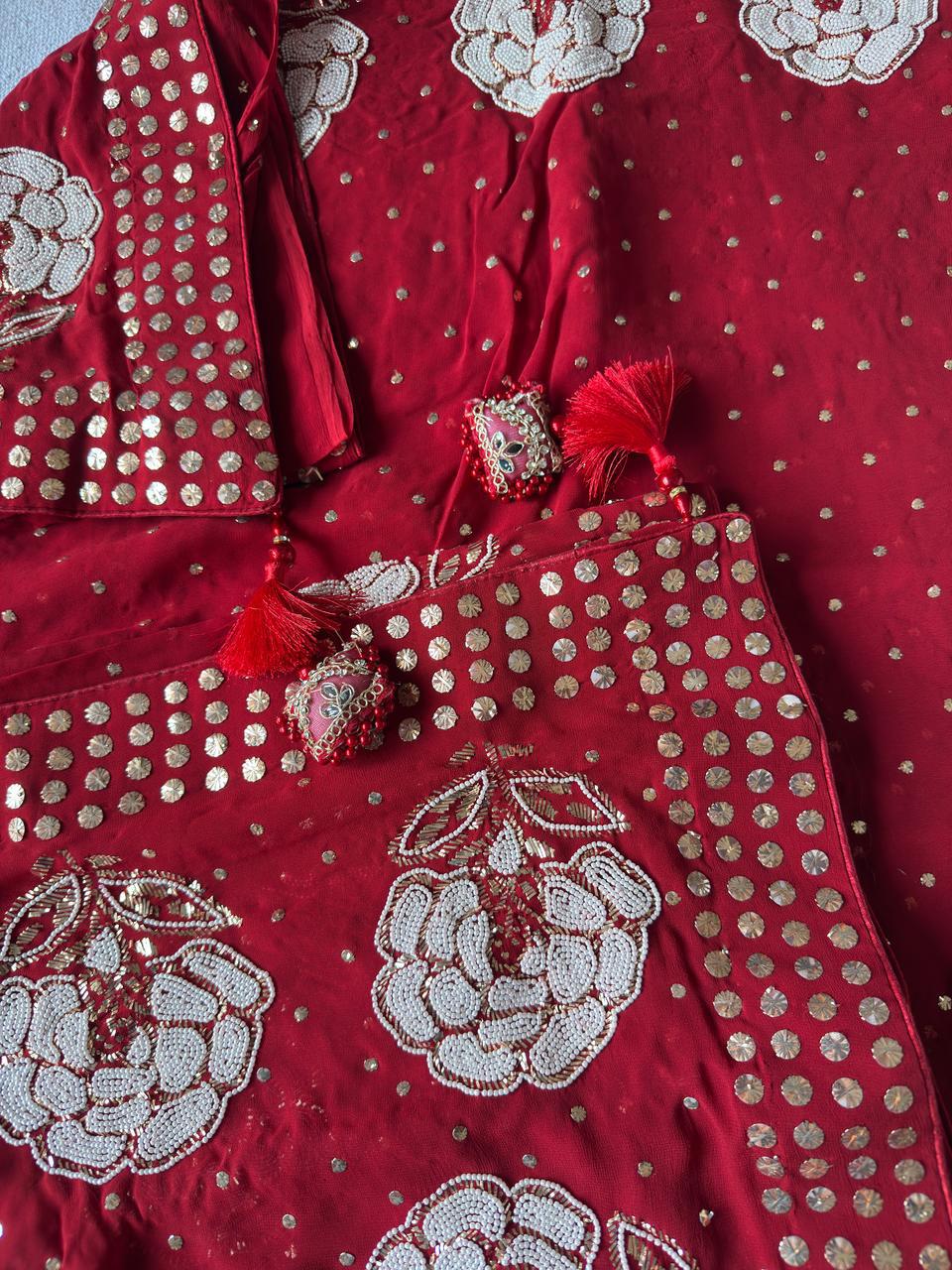 Red Pure Georgette Chikankari Saree with add on Pearl & Mukaish Pitta handwork