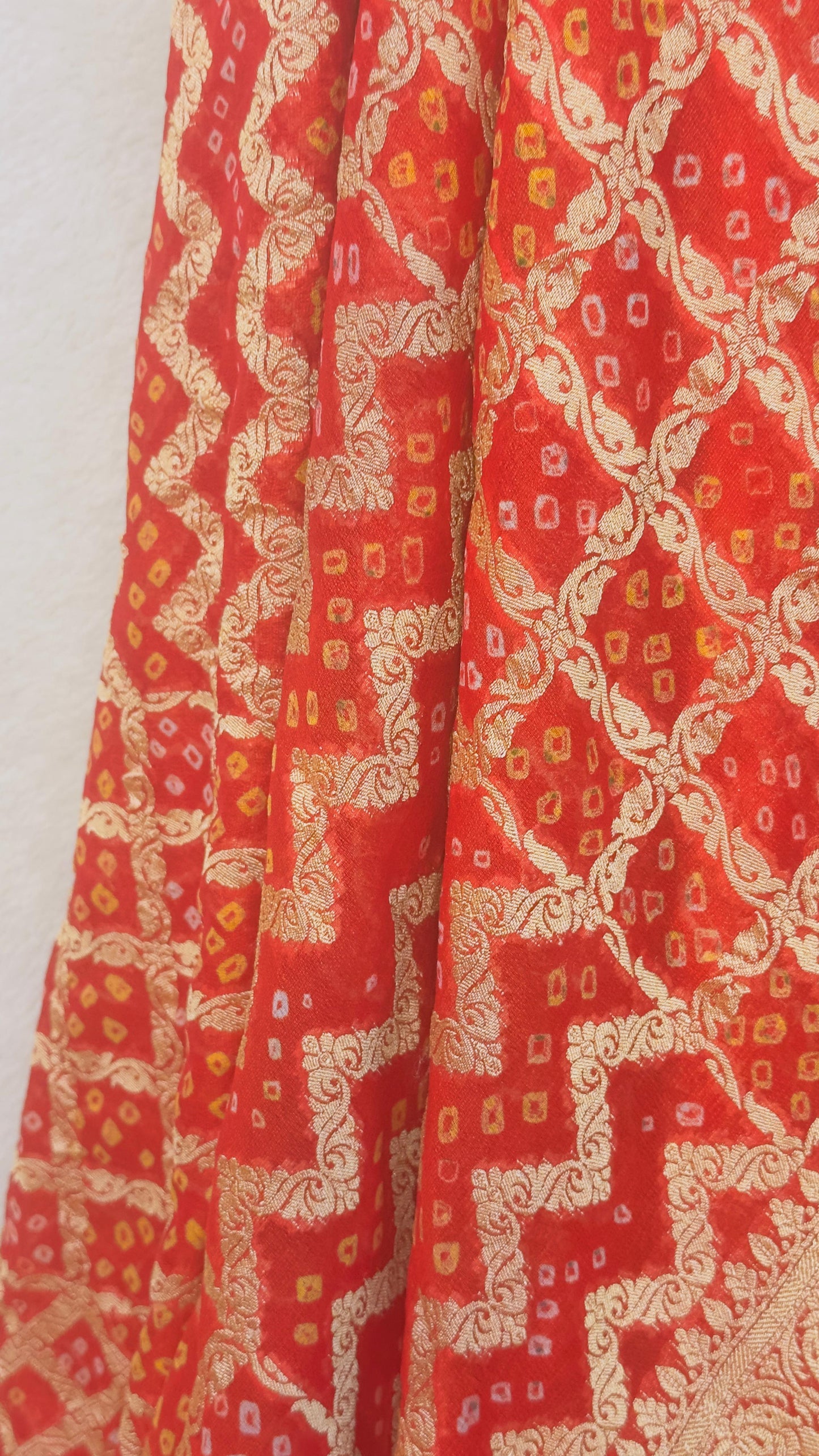 Red Pure Khaddi Georgette hand rai Bandhani Banarasi saree with tested Gold zari weaving