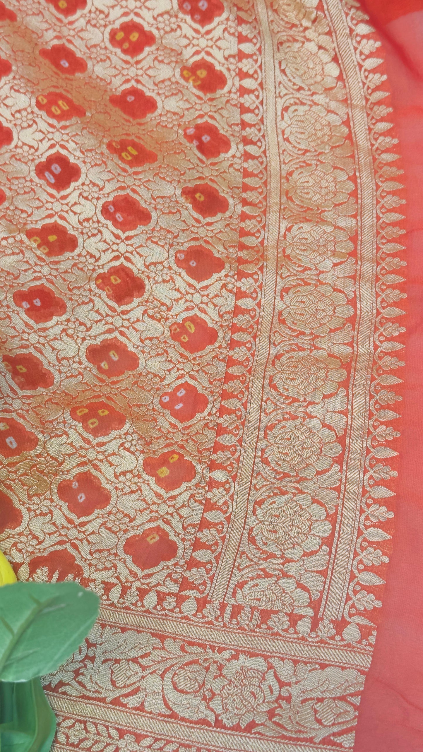 Red Pure Khaddi Georgette hand rai Bandhani Banarasi saree with tested Gold zari weaving