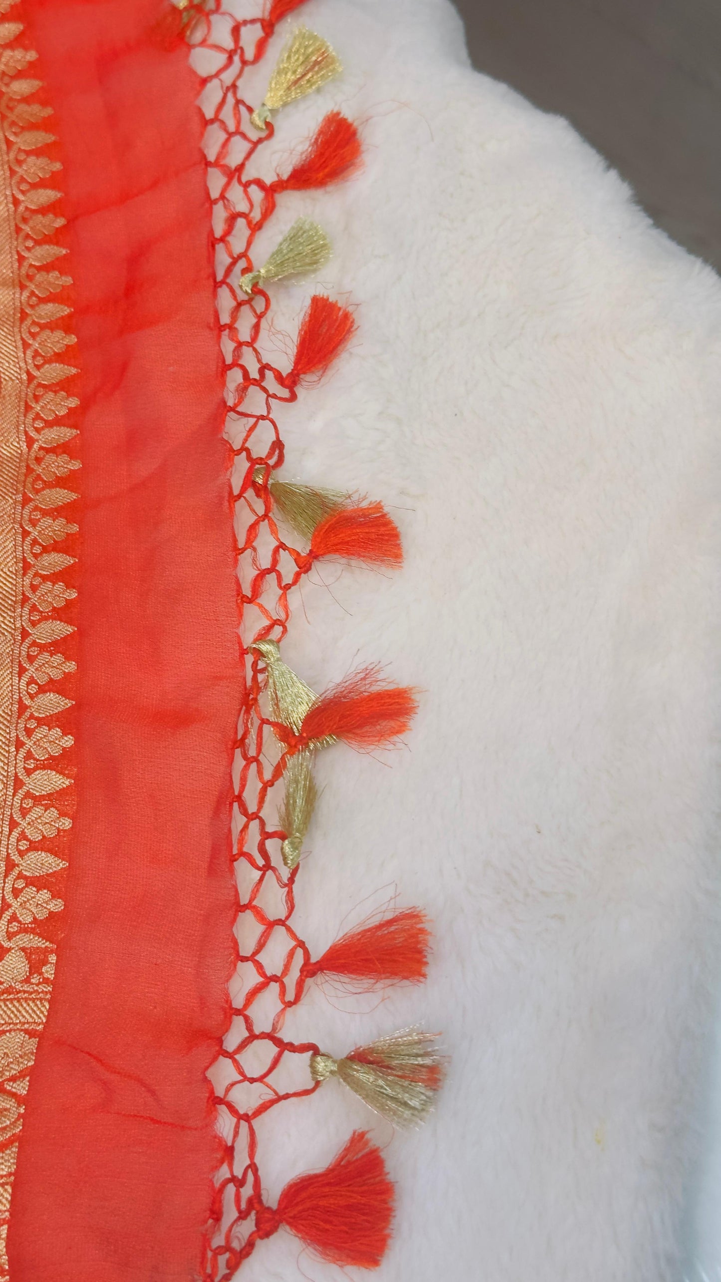 Red Pure Khaddi Georgette hand rai Bandhani Banarasi saree with tested Gold zari weaving
