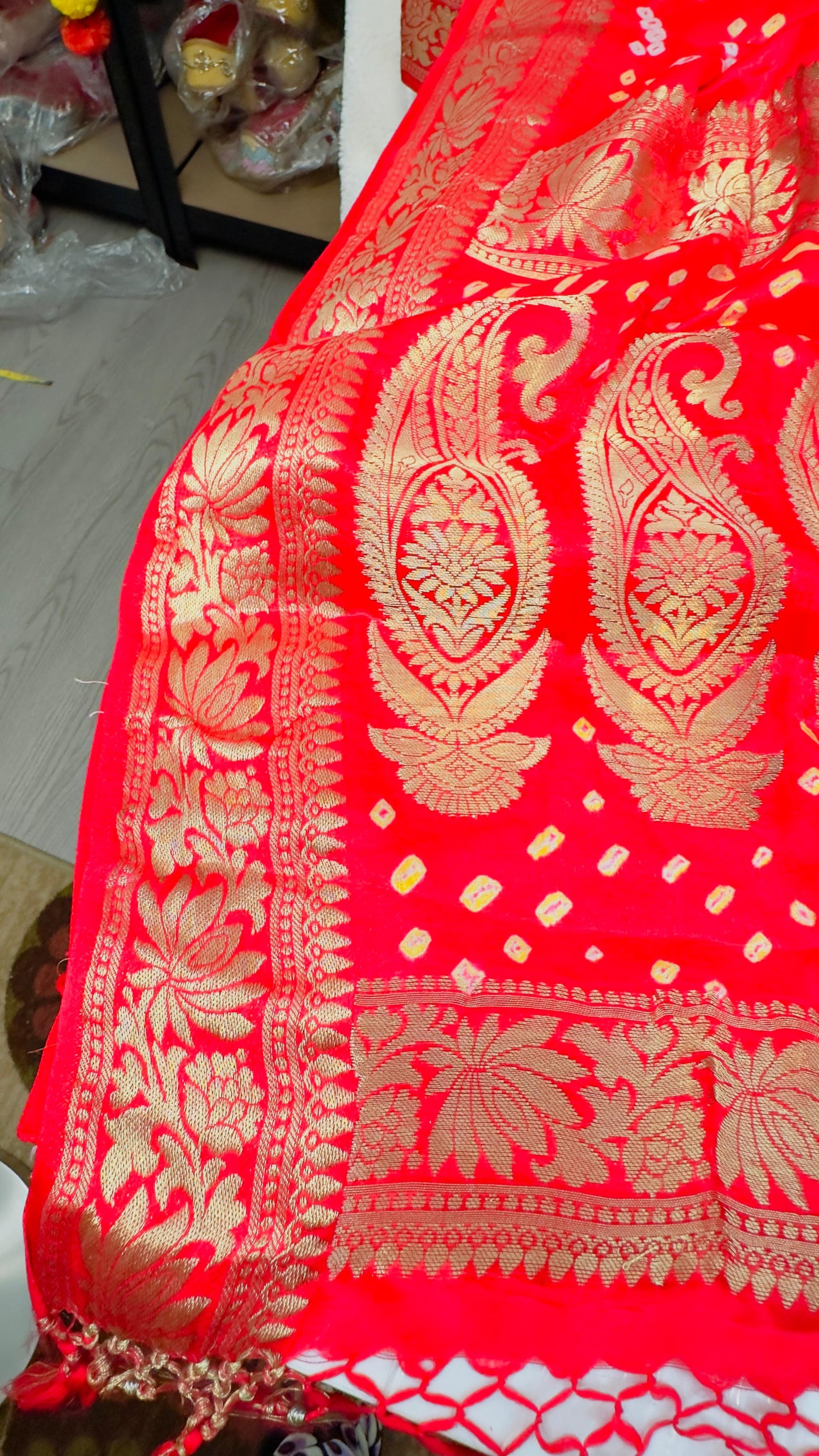 Red Pure Satin silk handloom Banarasi saree with tested Gold zari weaving