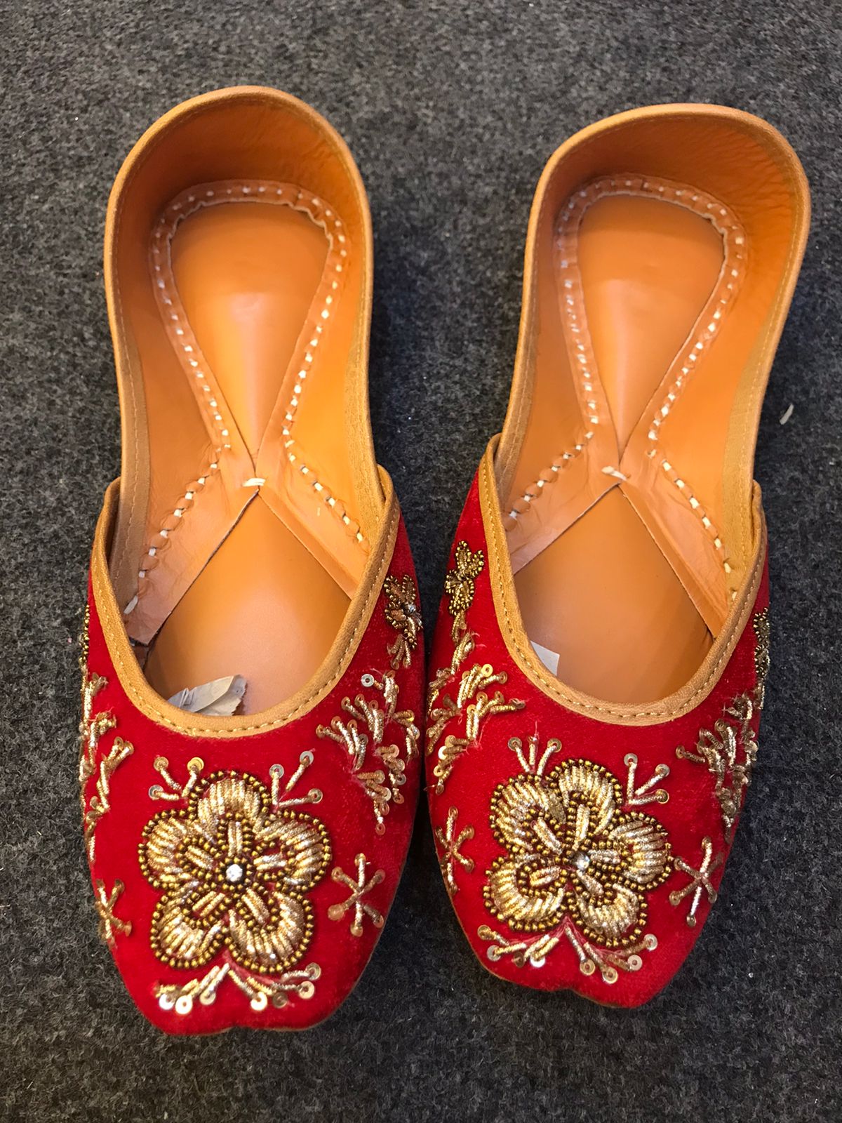 Red velvet Premium designer pure leather Jutti with double cushion and highlighted with all handwork