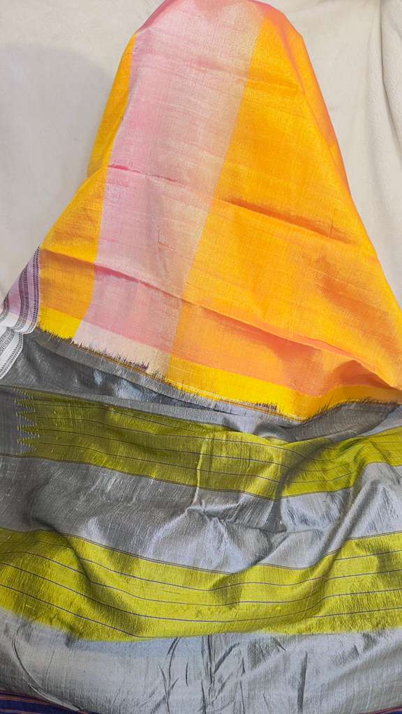 Rust Orange with baby pink short colour effect pure SICO Ilkal Handloom Saree