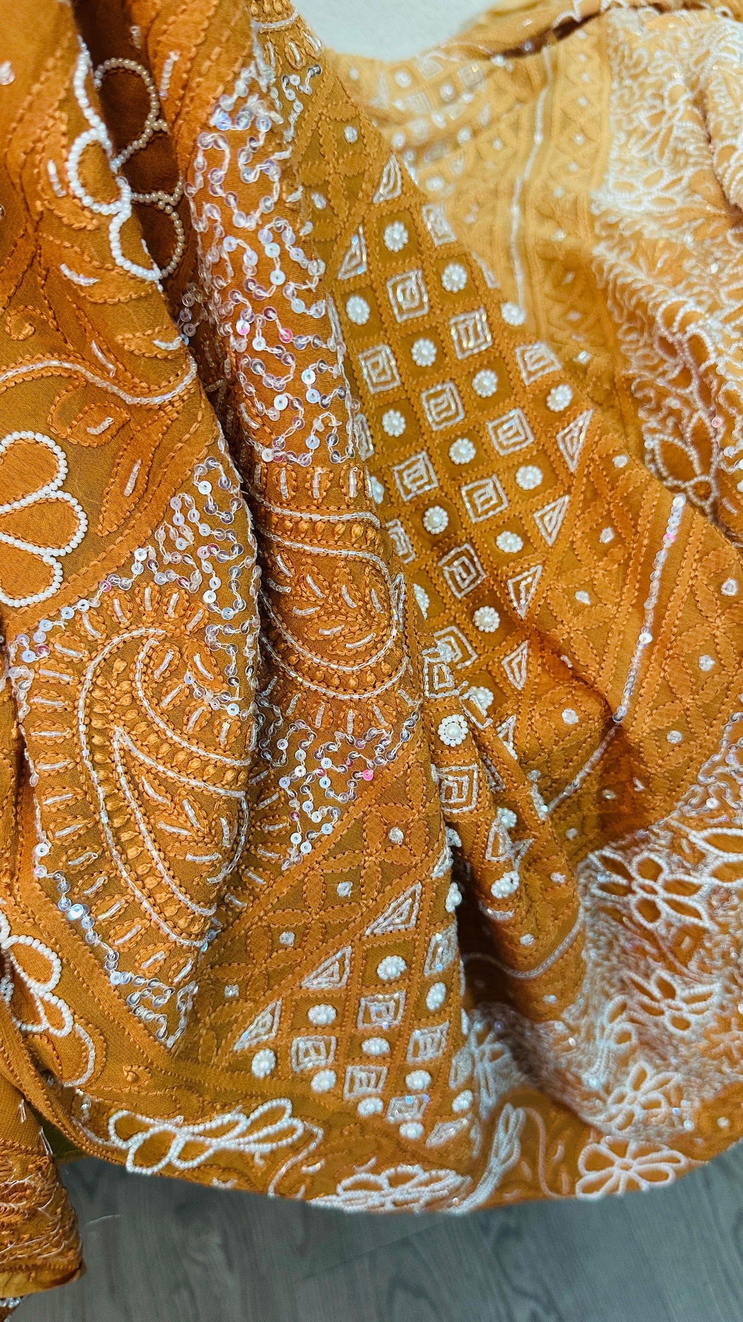 Rust ombré Pure Georgette Chikankari Saree enteric with fine hand Chikankari, Pearl ,sequins & Cutdana hand work