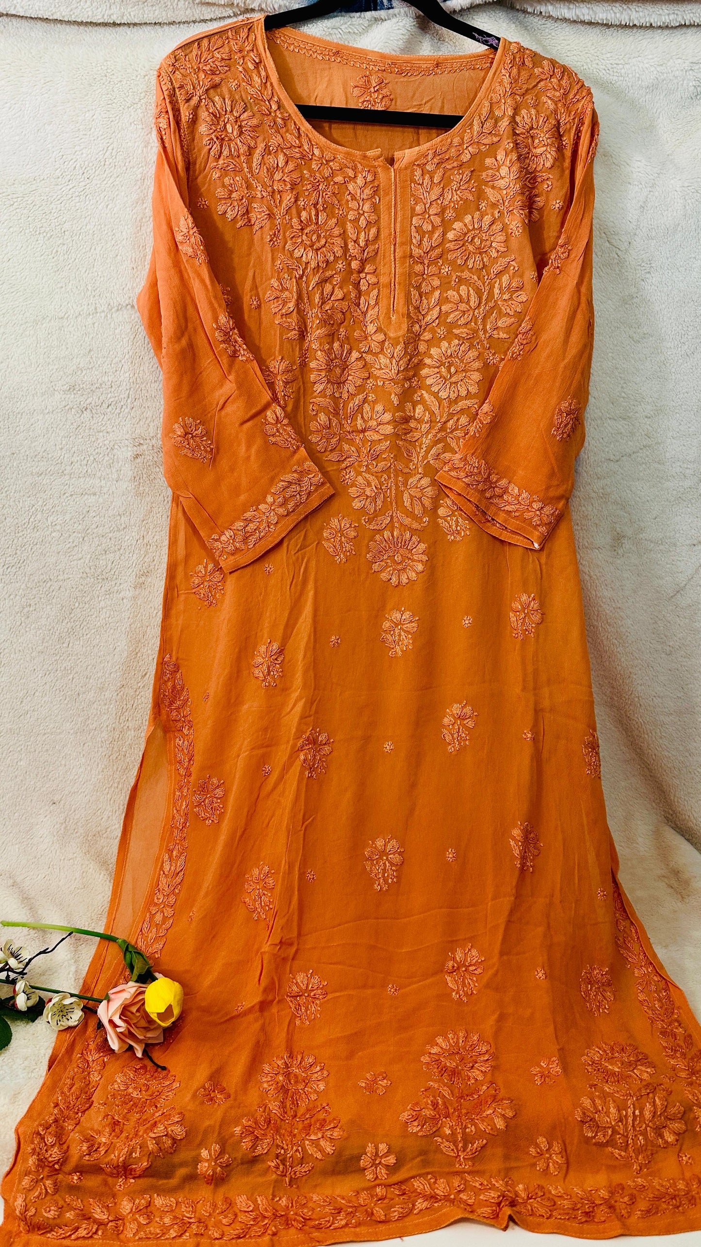 Rust orange tone on tone Viscose Chikankari Kurti with 3D Chikankari