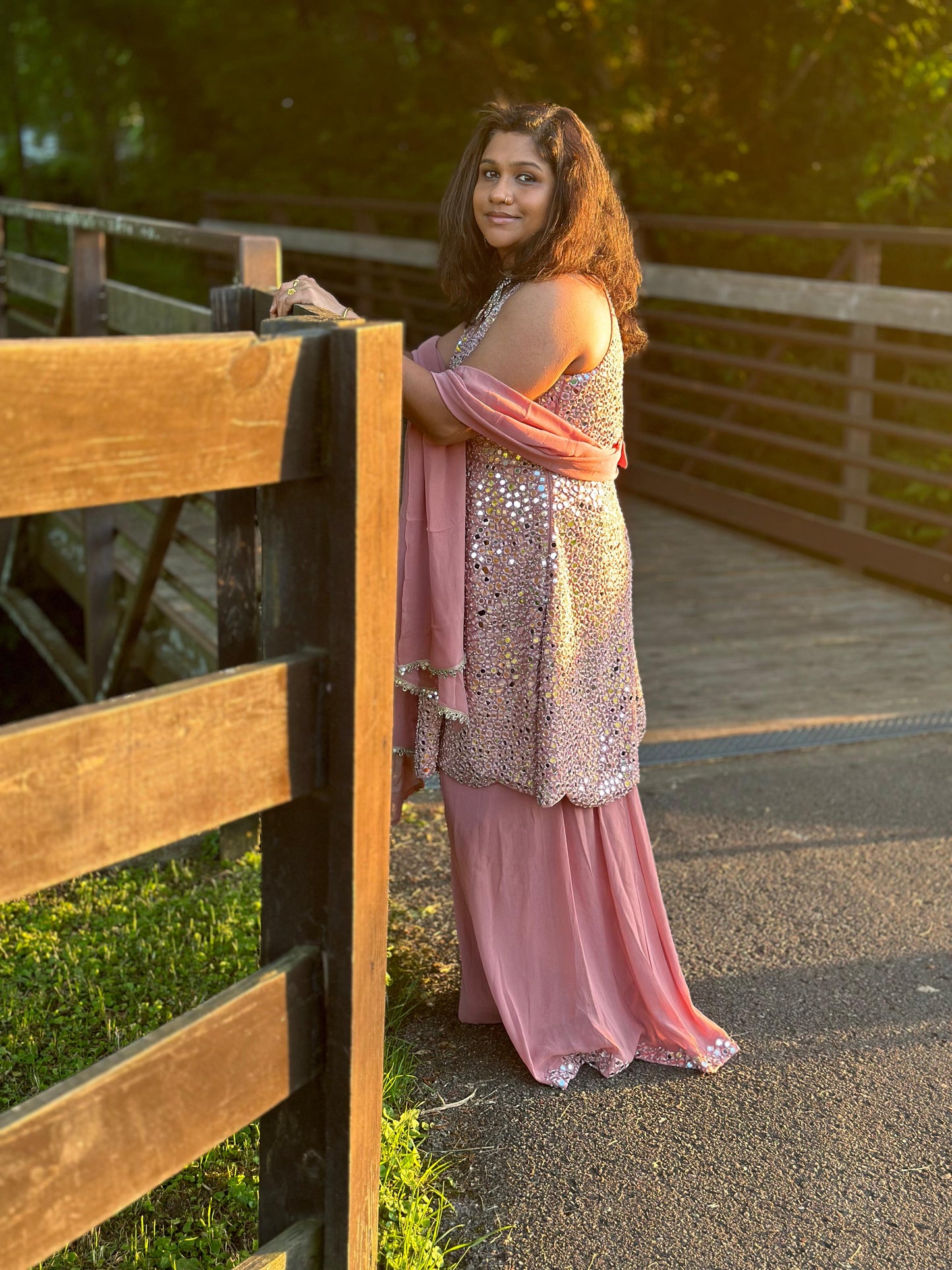 Salmon pink designer Sharara set highlighted with real mirror, pearl handwork