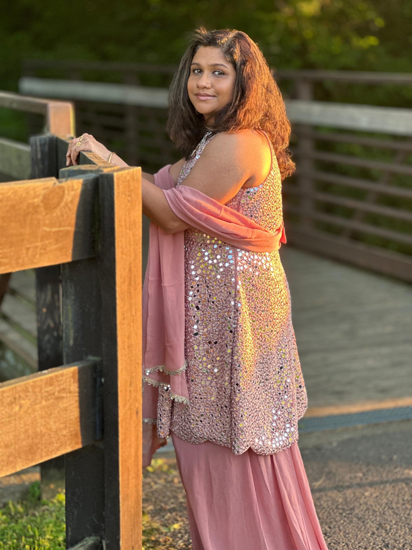 Salmon pink designer Sharara set highlighted with real mirror, pearl handwork