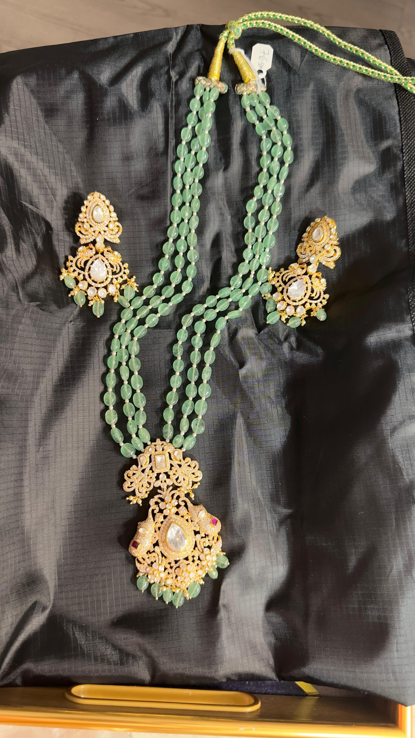 Pure 92.5 Silver with Gold polish Elephant pendant with Long earrings embellishment with Jade beads & Moisonite & CZ