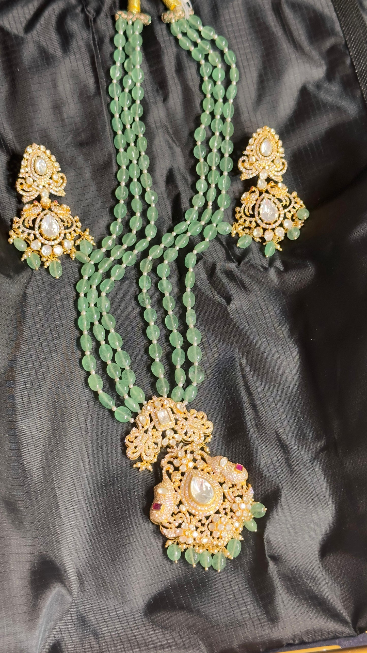 Pure 92.5 Silver with Gold polish Elephant pendant with Long earrings embellishment with Jade beads & Moisonite & CZ