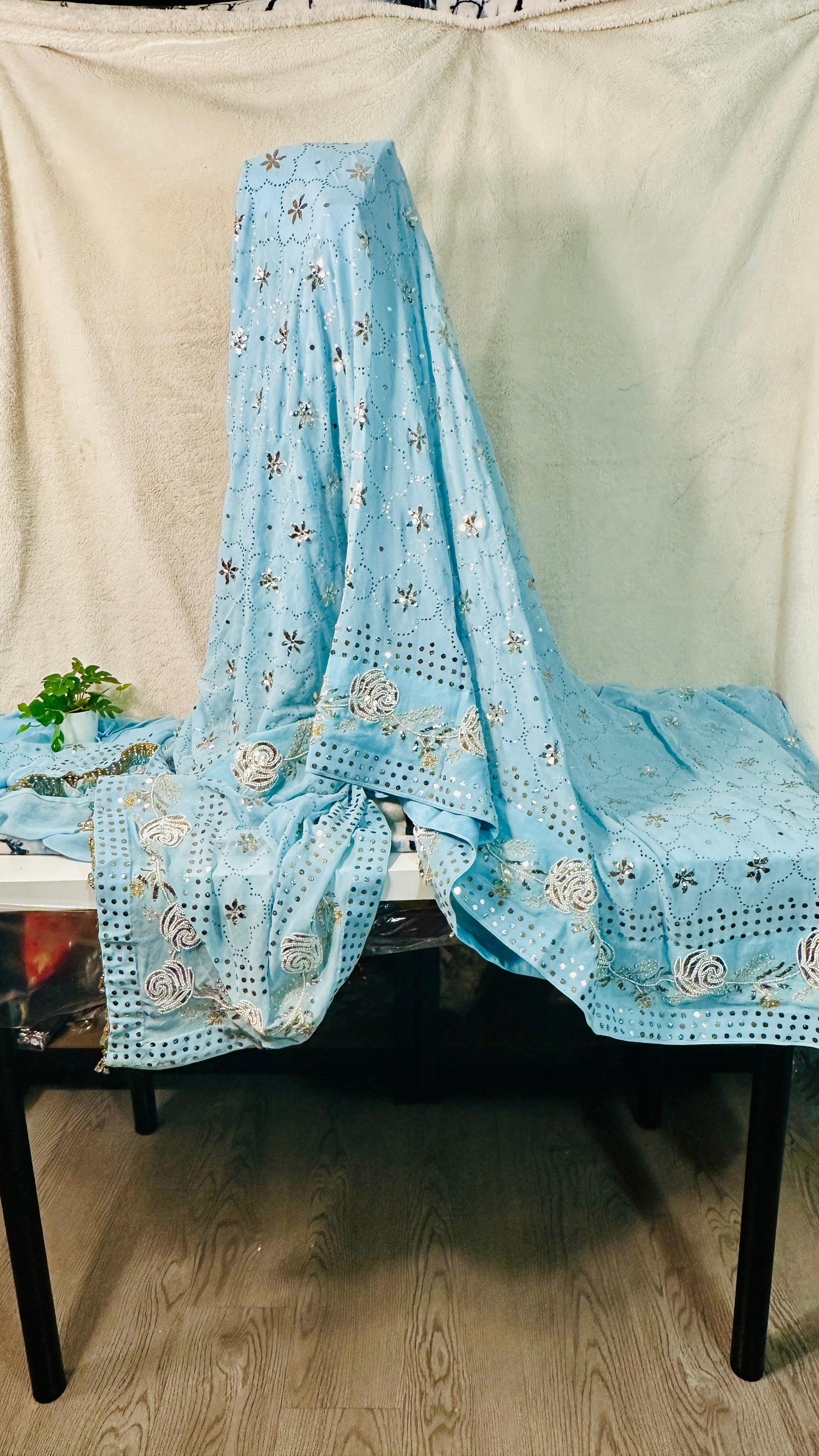 Sky blue Pure Georgette Chikankari saree with pearl & Pitta kamdani mukaish handwork