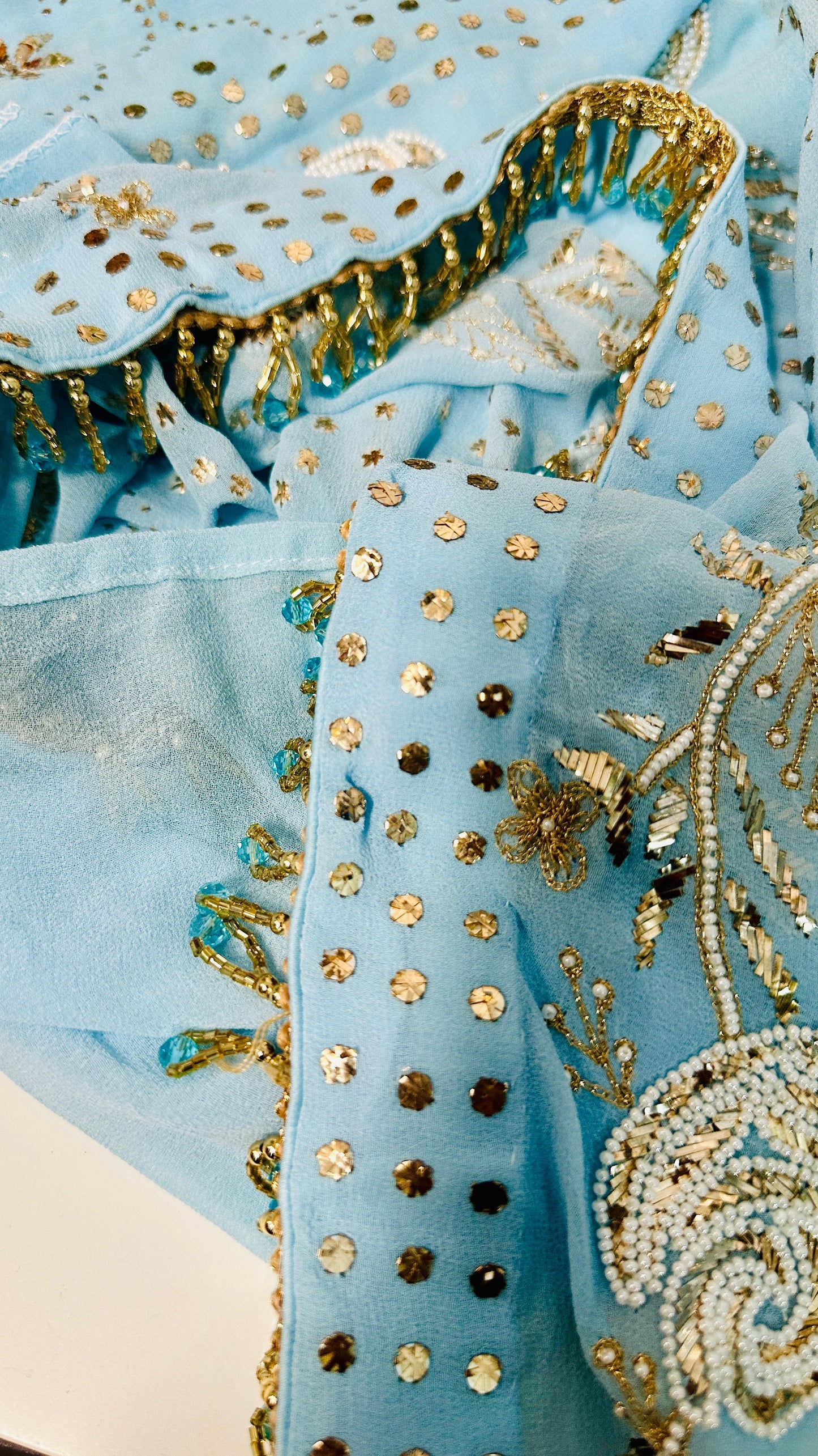 Sky blue Pure Georgette Chikankari saree with pearl & Pitta kamdani mukaish handwork