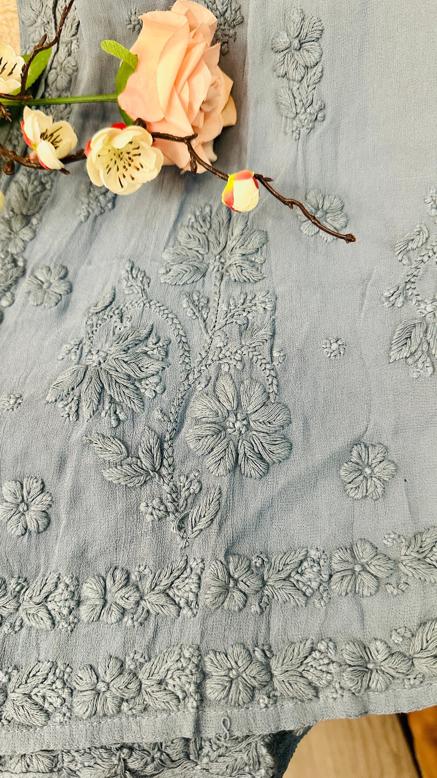 Steal Grey tone on tone Viscose Chikankari Kurti with 3D Chikankari