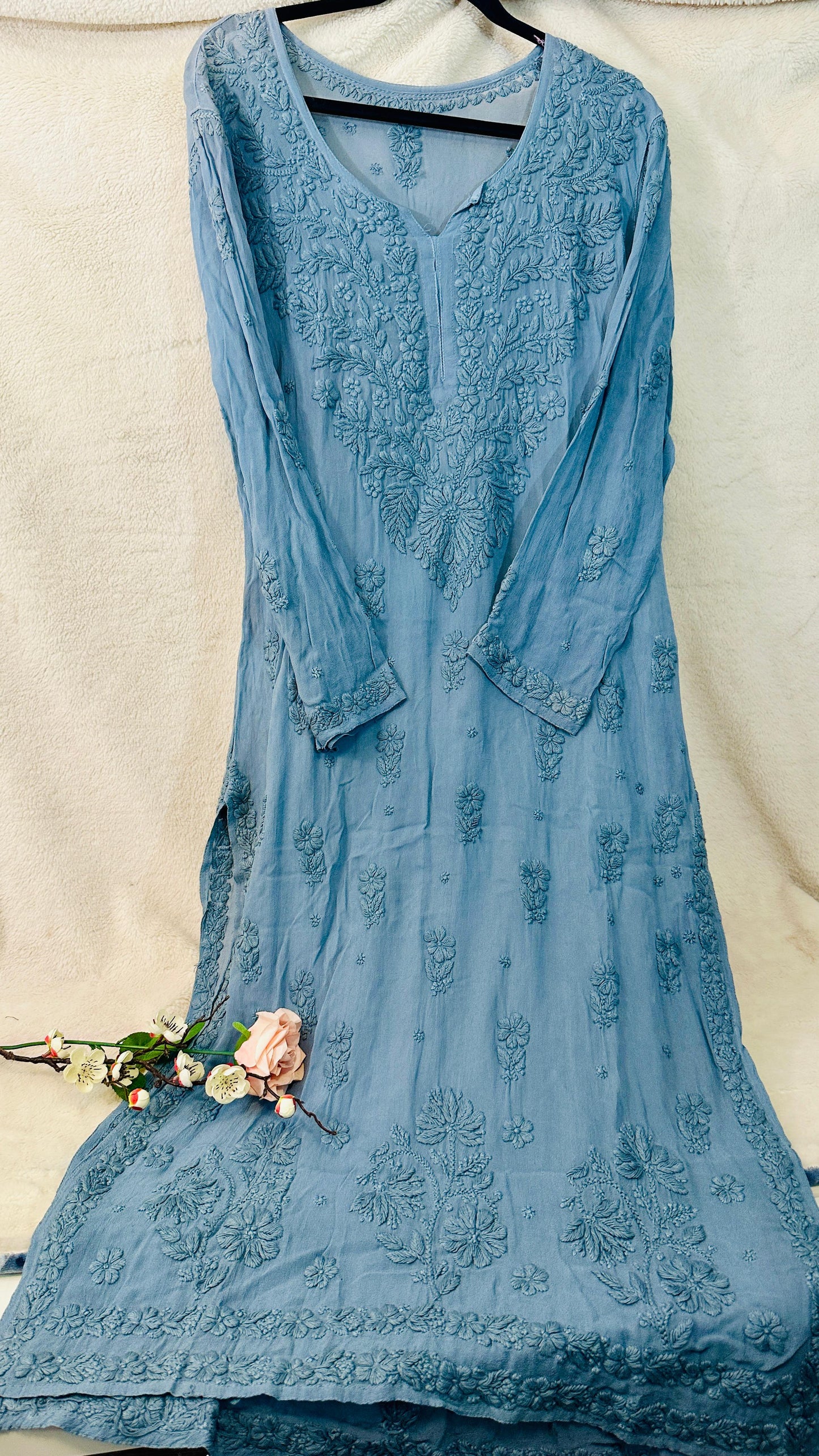 Steal Grey tone on tone Viscose Chikankari Kurti with 3D Chikankari