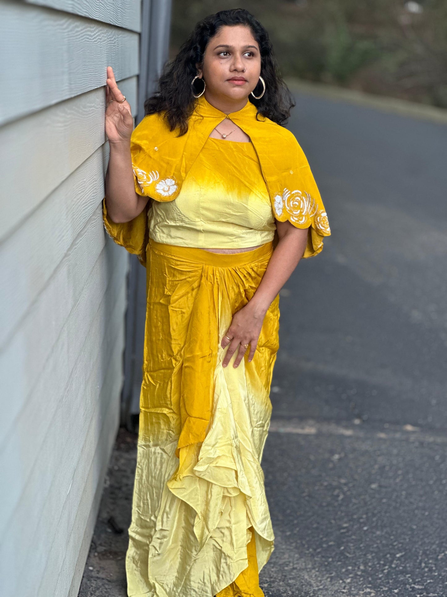 Sunshine yellow designer Indowestern skirt set highlighted with sequins & pearl handwork