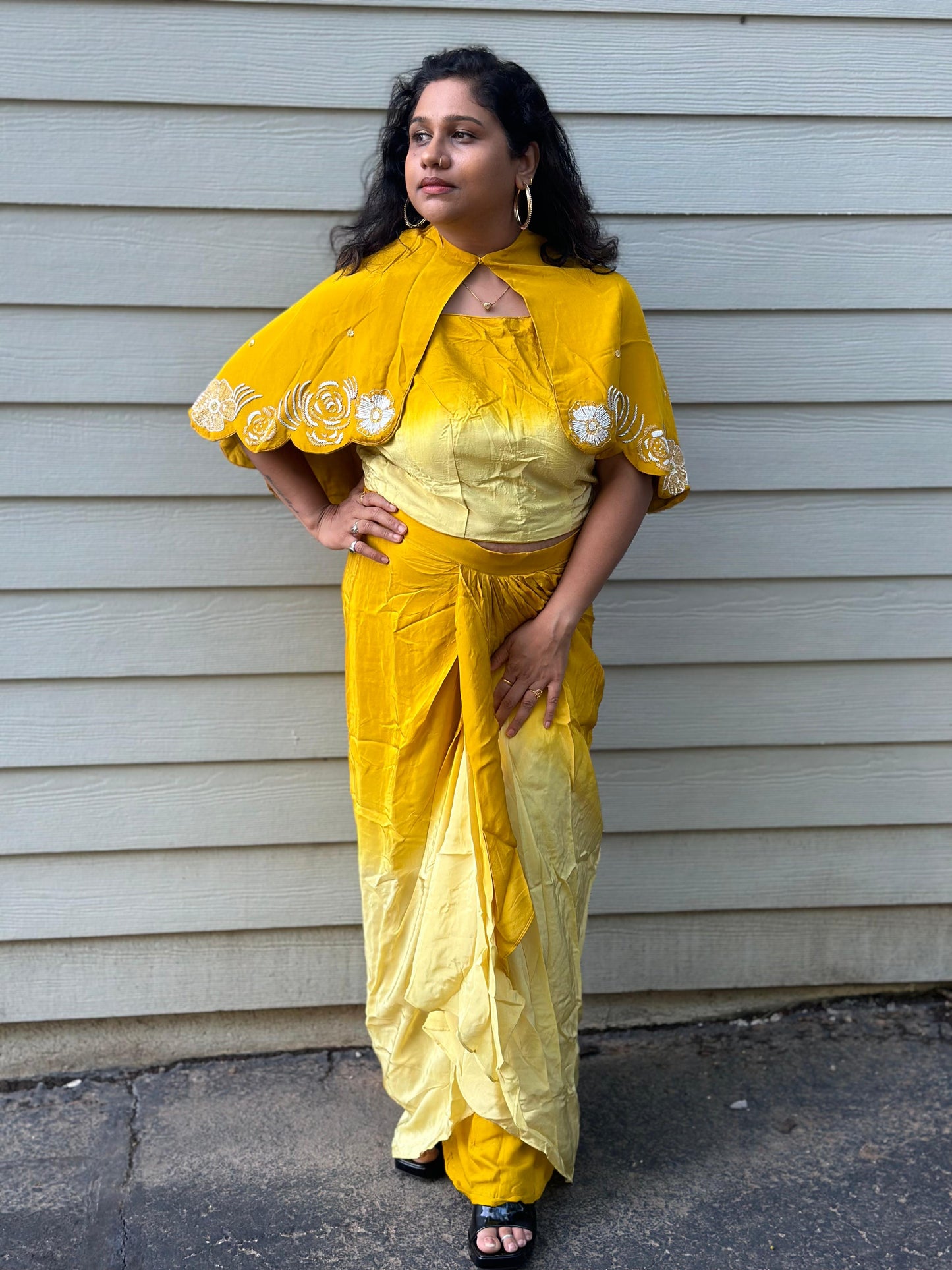 Sunshine yellow designer Indowestern skirt set highlighted with sequins & pearl handwork
