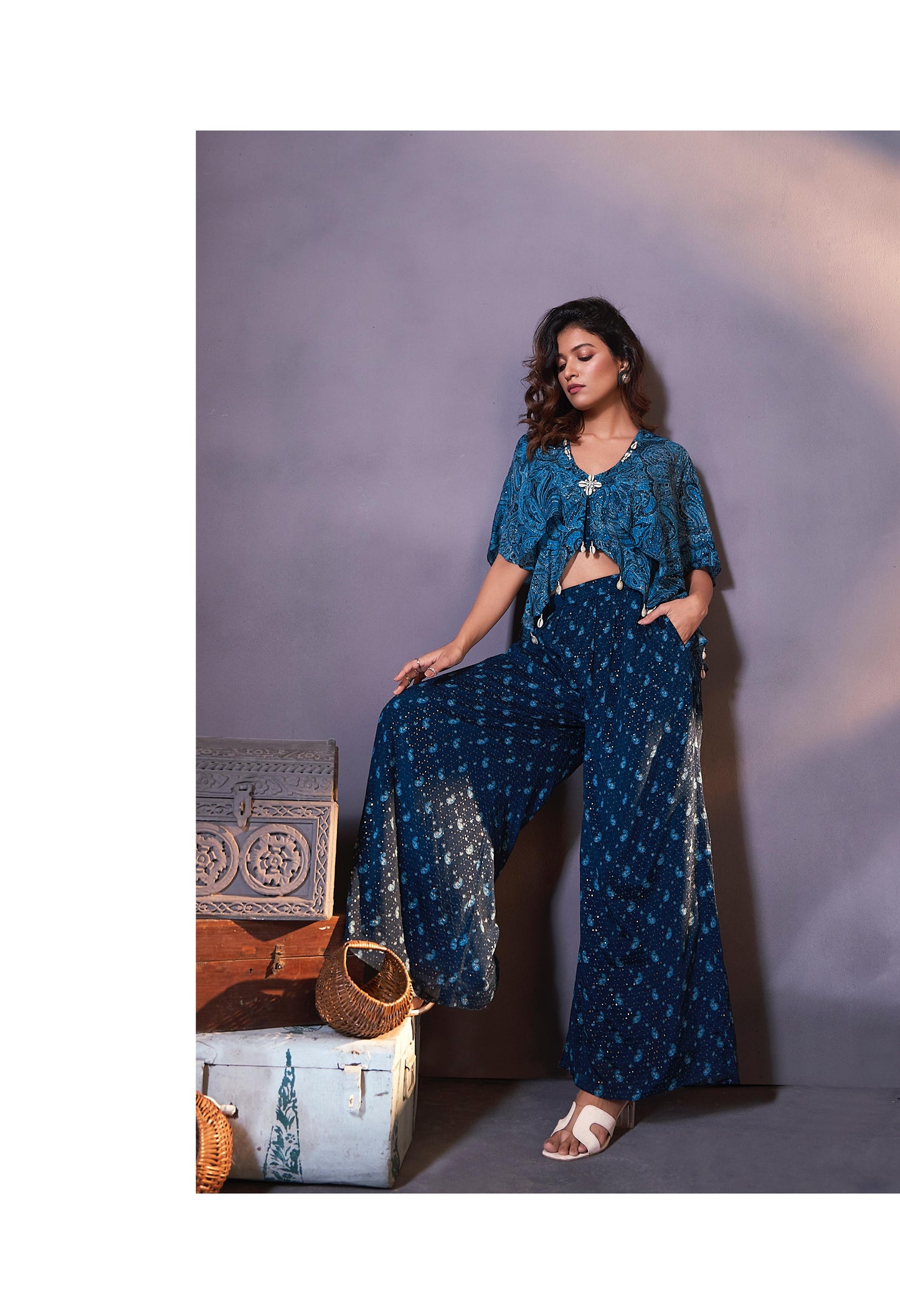 Teal Blue designer Indowestern palazzo set highlighted with stone & shell handwork