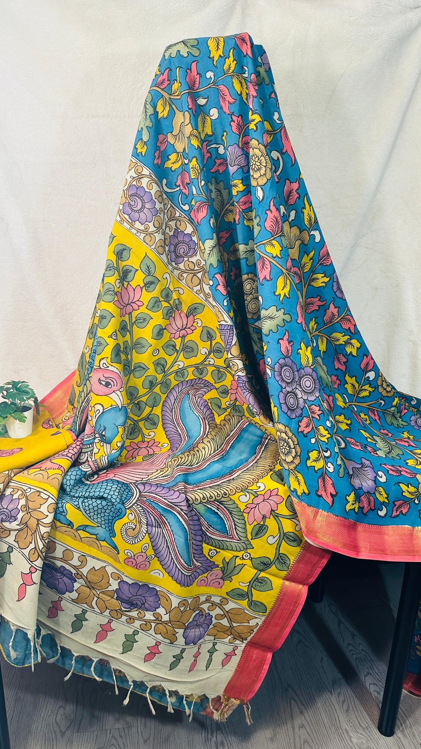 Teal Blue pure Bangalore silk hand drawn- hand painted Pen Kalamkari Saree