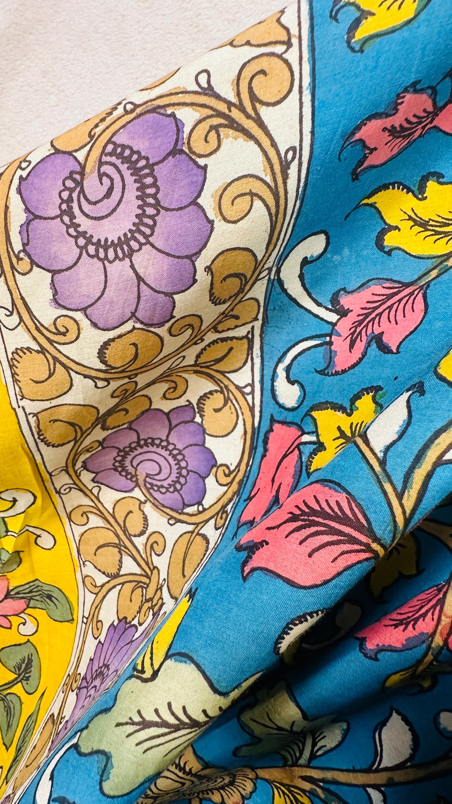 Teal Blue pure Bangalore silk hand drawn- hand painted Pen Kalamkari Saree