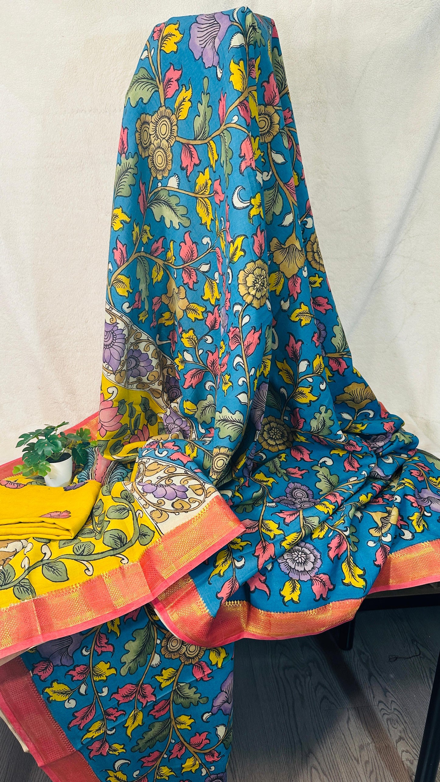 Teal Blue pure Bangalore silk hand drawn- hand painted Pen Kalamkari Saree