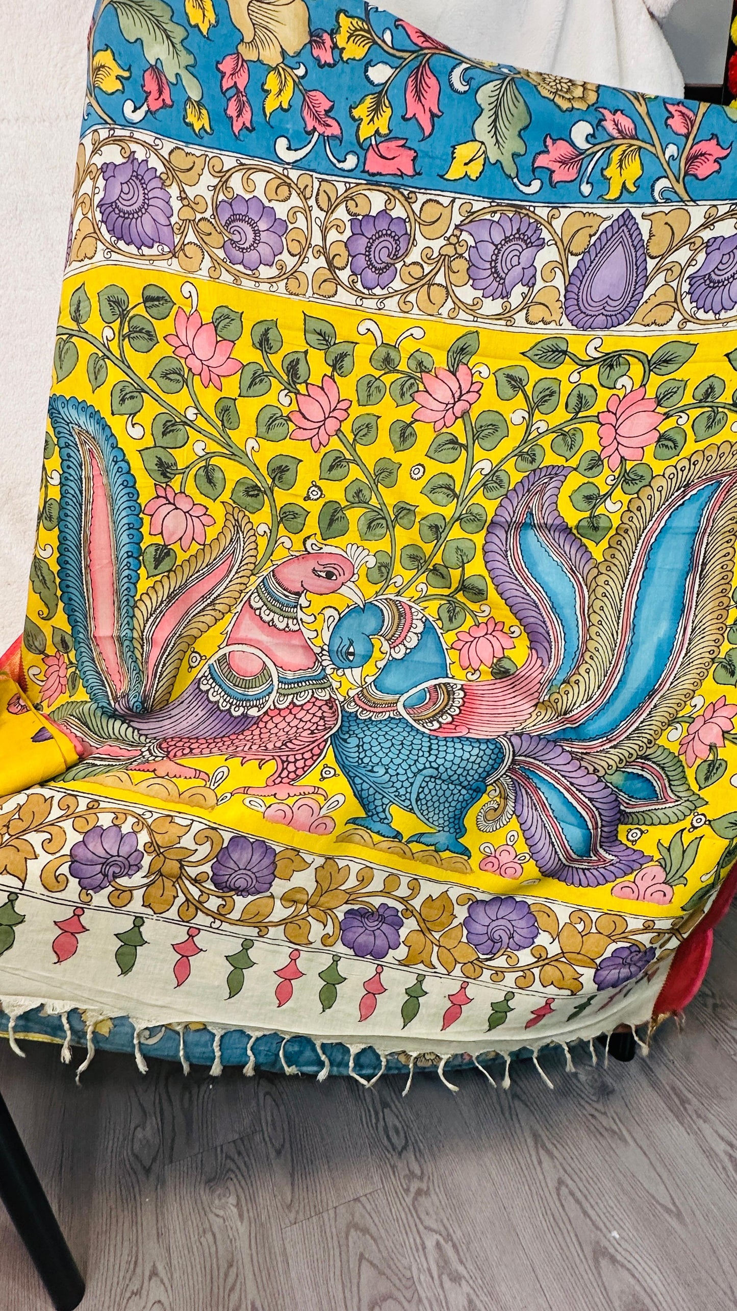 Teal Blue pure Bangalore silk hand drawn- hand painted Pen Kalamkari Saree