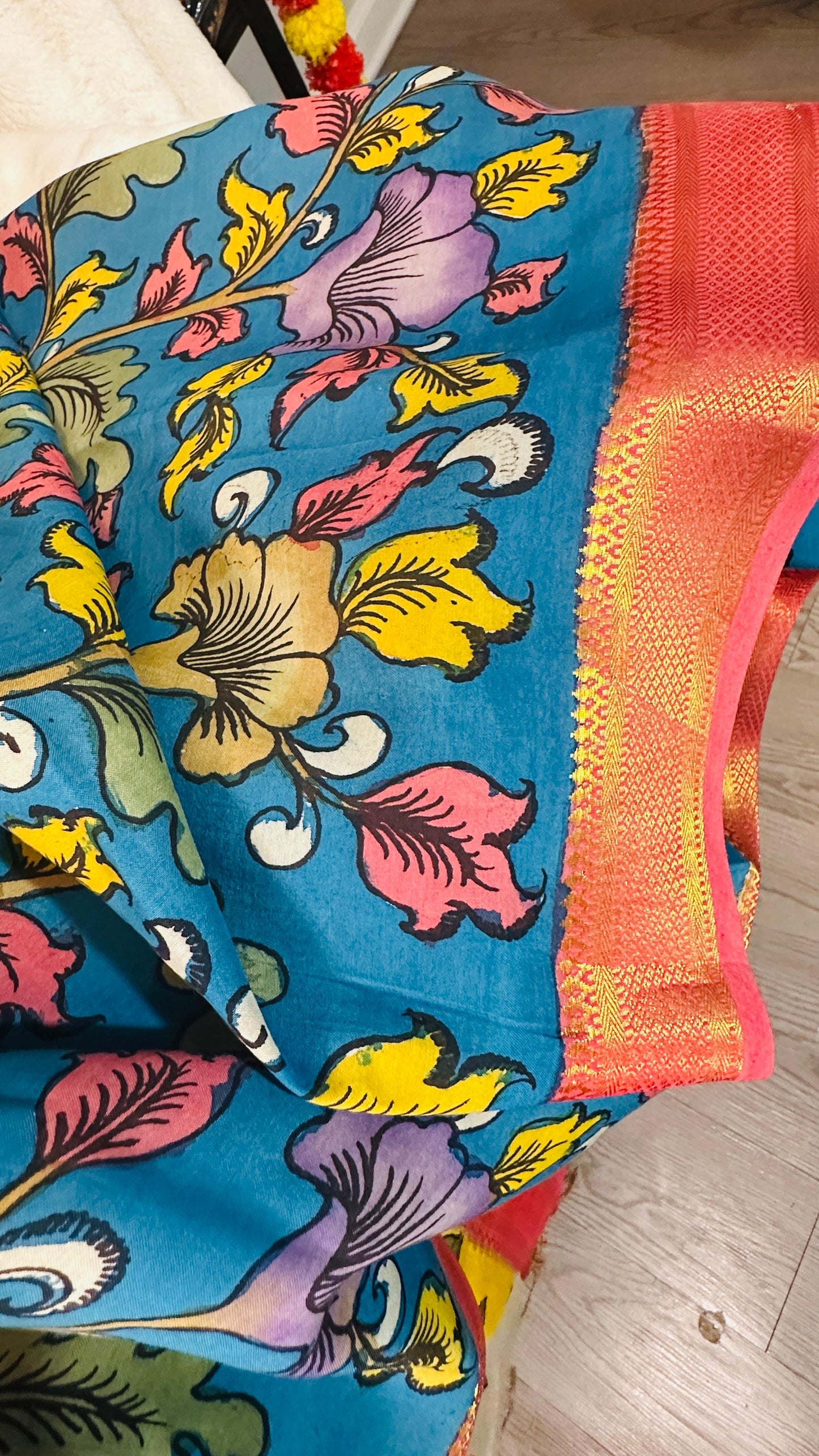 Teal Blue pure Bangalore silk hand drawn- hand painted Pen Kalamkari Saree