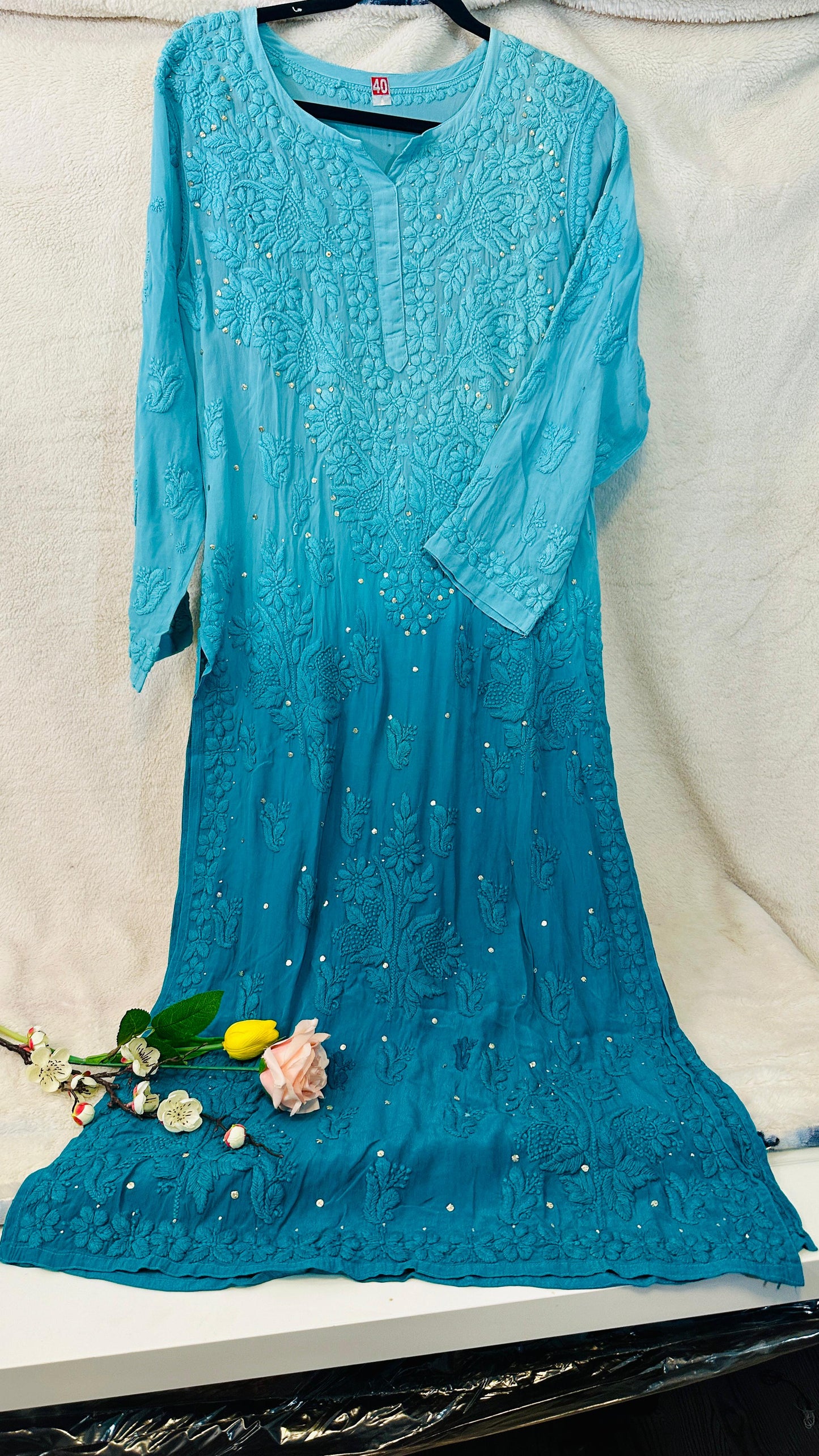 Teal blue Ombré Crape Silk Chikankari Kurti with 3D Chikankari & Mukaish hand work