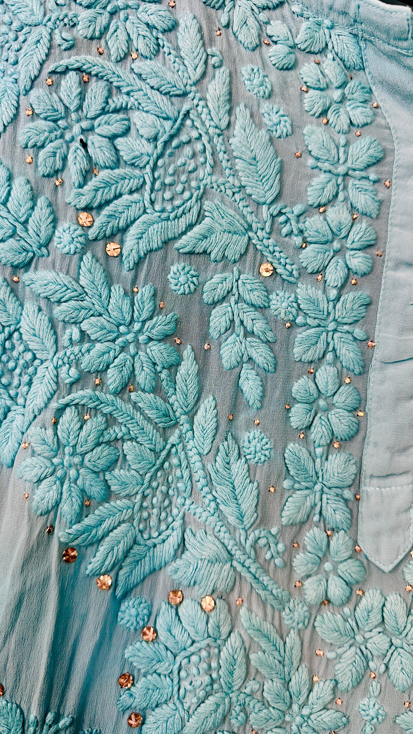 Teal blue Ombré Crape Silk Chikankari Kurti with 3D Chikankari & Mukaish hand work