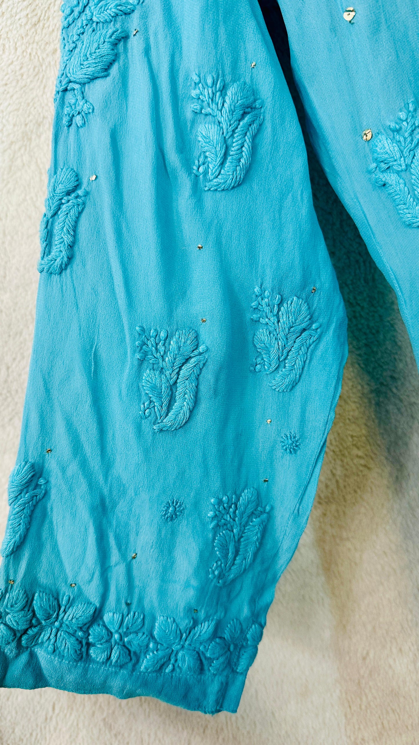 Teal blue Ombré Crape Silk Chikankari Kurti with 3D Chikankari & Mukaish hand work