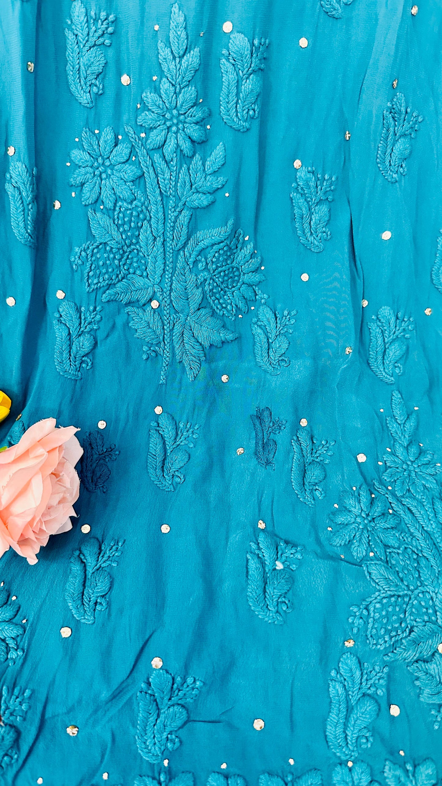 Teal blue Ombré Crape Silk Chikankari Kurti with 3D Chikankari & Mukaish hand work