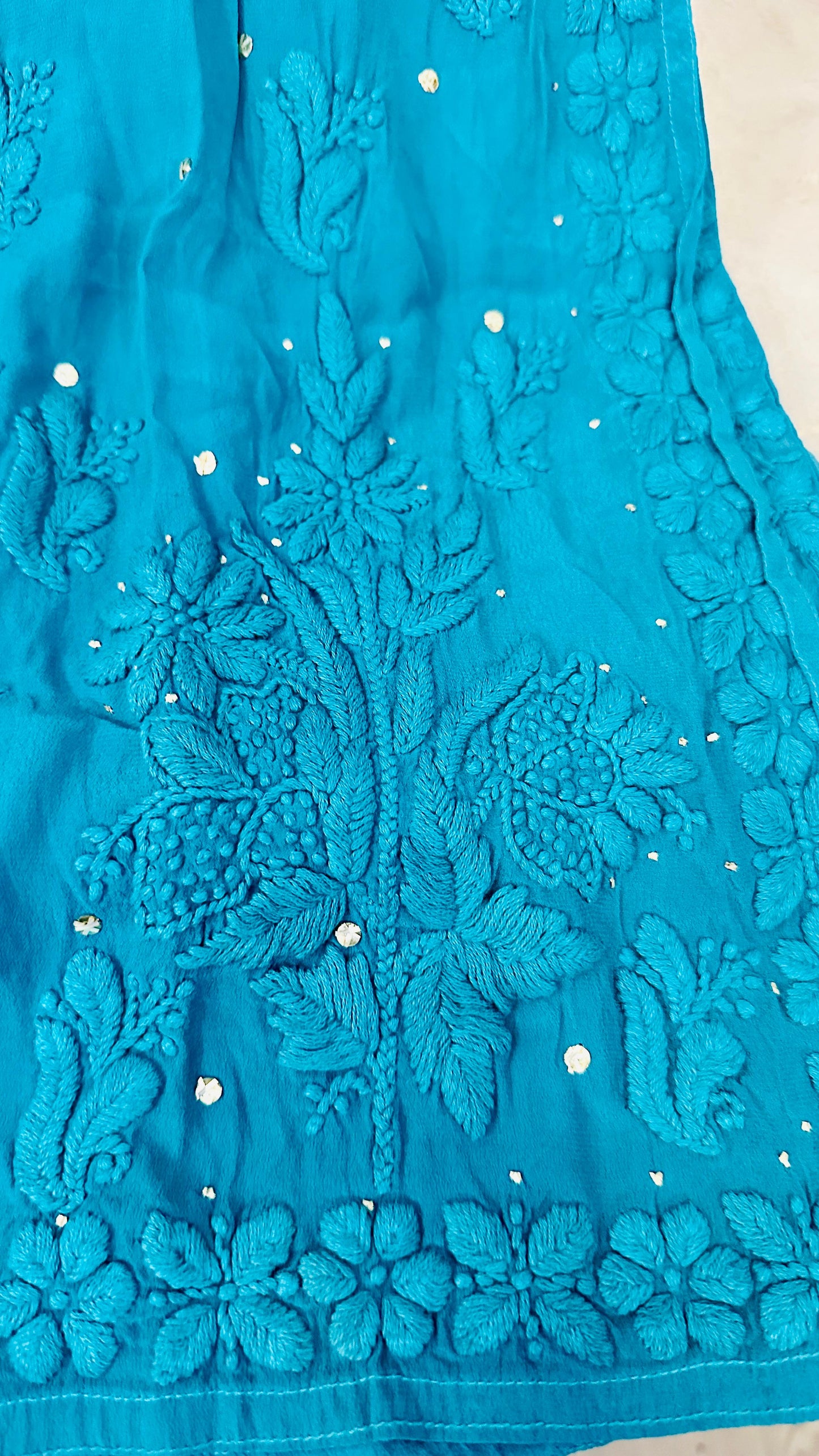 Teal blue Ombré Crape Silk Chikankari Kurti with 3D Chikankari & Mukaish hand work