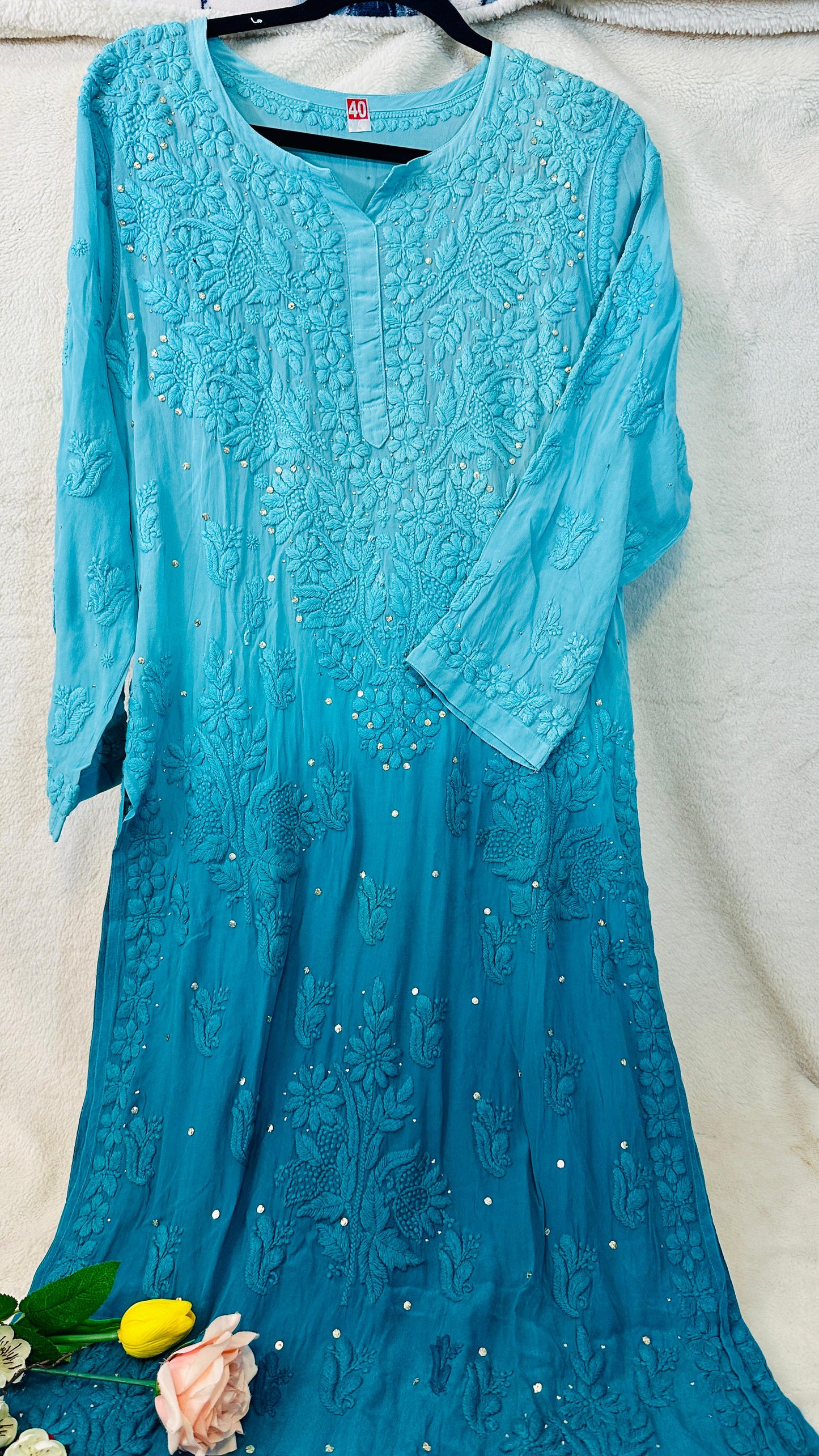Teal blue Ombré Crape Silk Chikankari Kurti with 3D Chikankari & Mukaish hand work