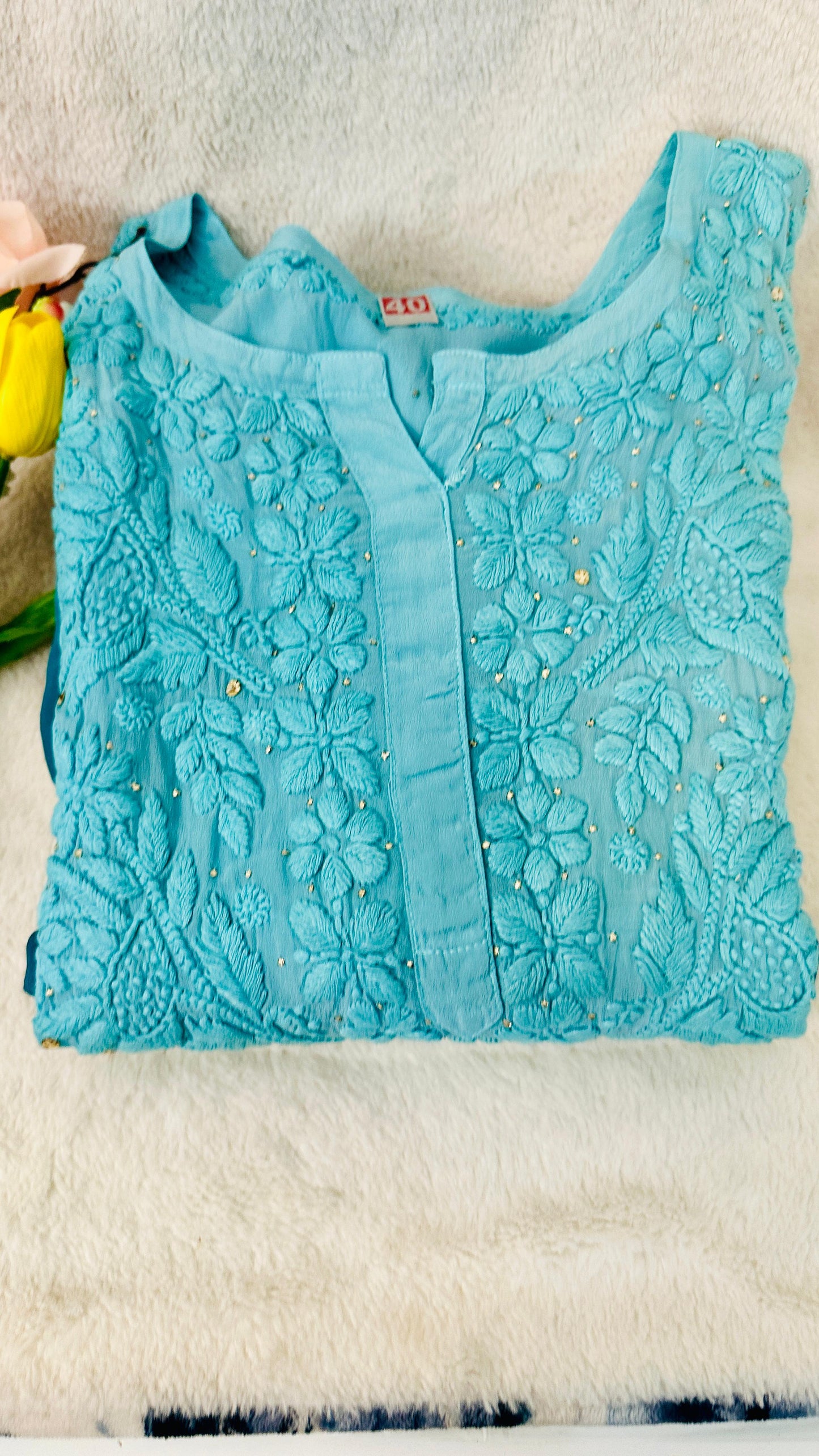 Teal blue Ombré Crape Silk Chikankari Kurti with 3D Chikankari & Mukaish hand work