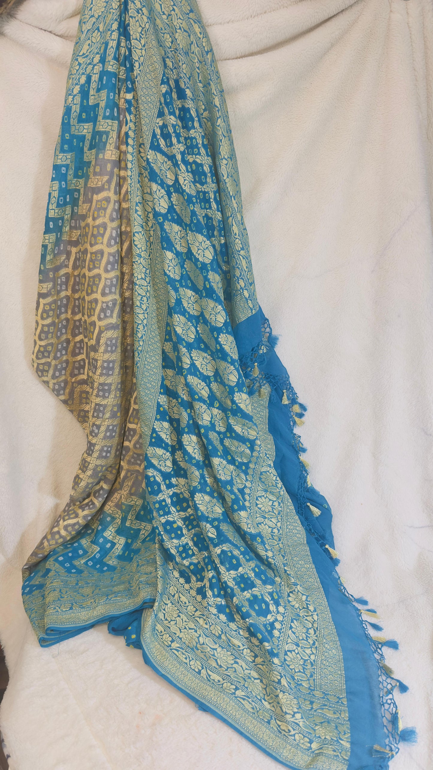 Turquoise-Grey Pure Khaddi Georgette hand rai Bandhani Banarasi saree with tested Gold zari weaving