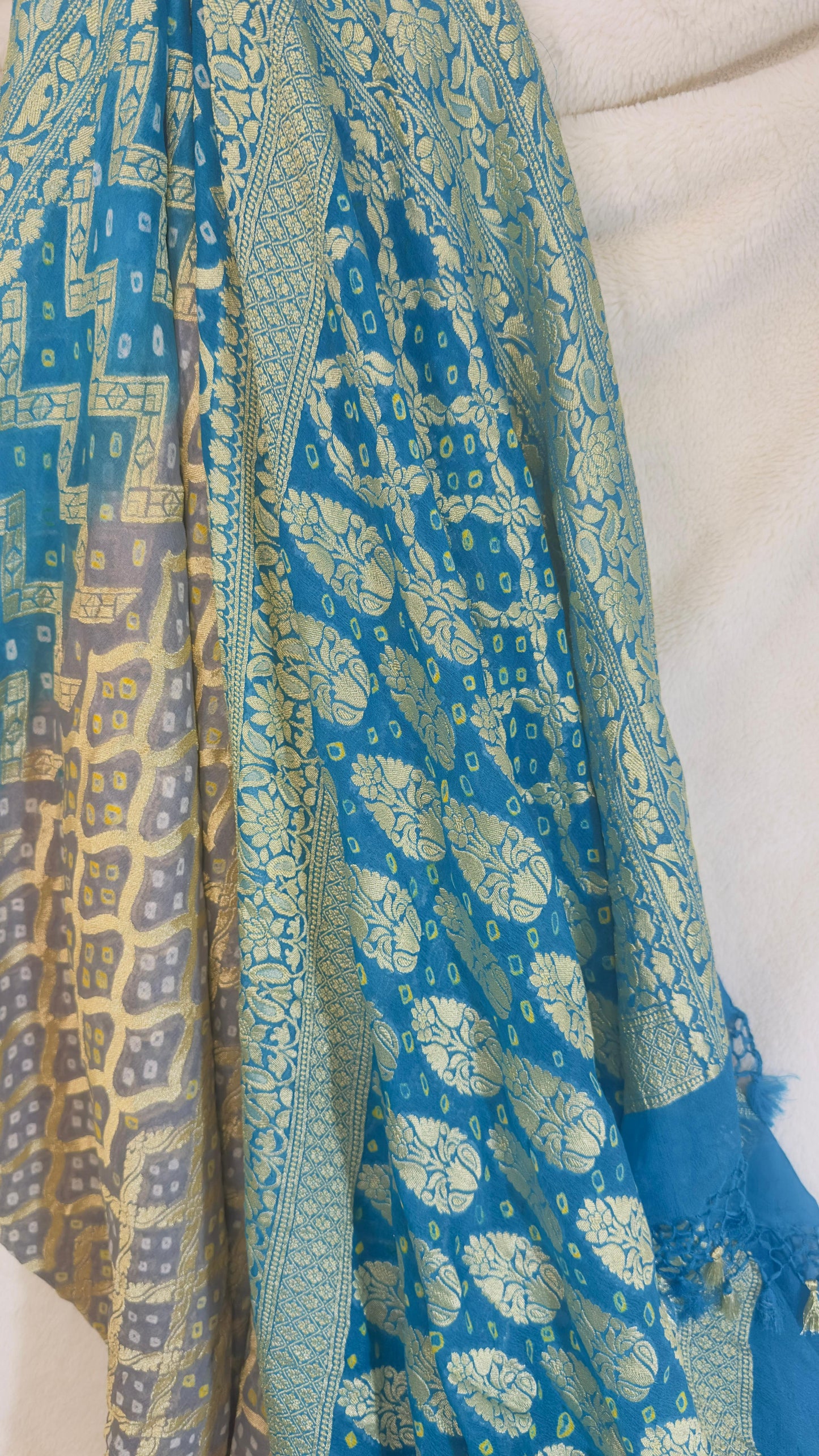 Turquoise-Grey Pure Khaddi Georgette hand rai Bandhani Banarasi saree with tested Gold zari weaving