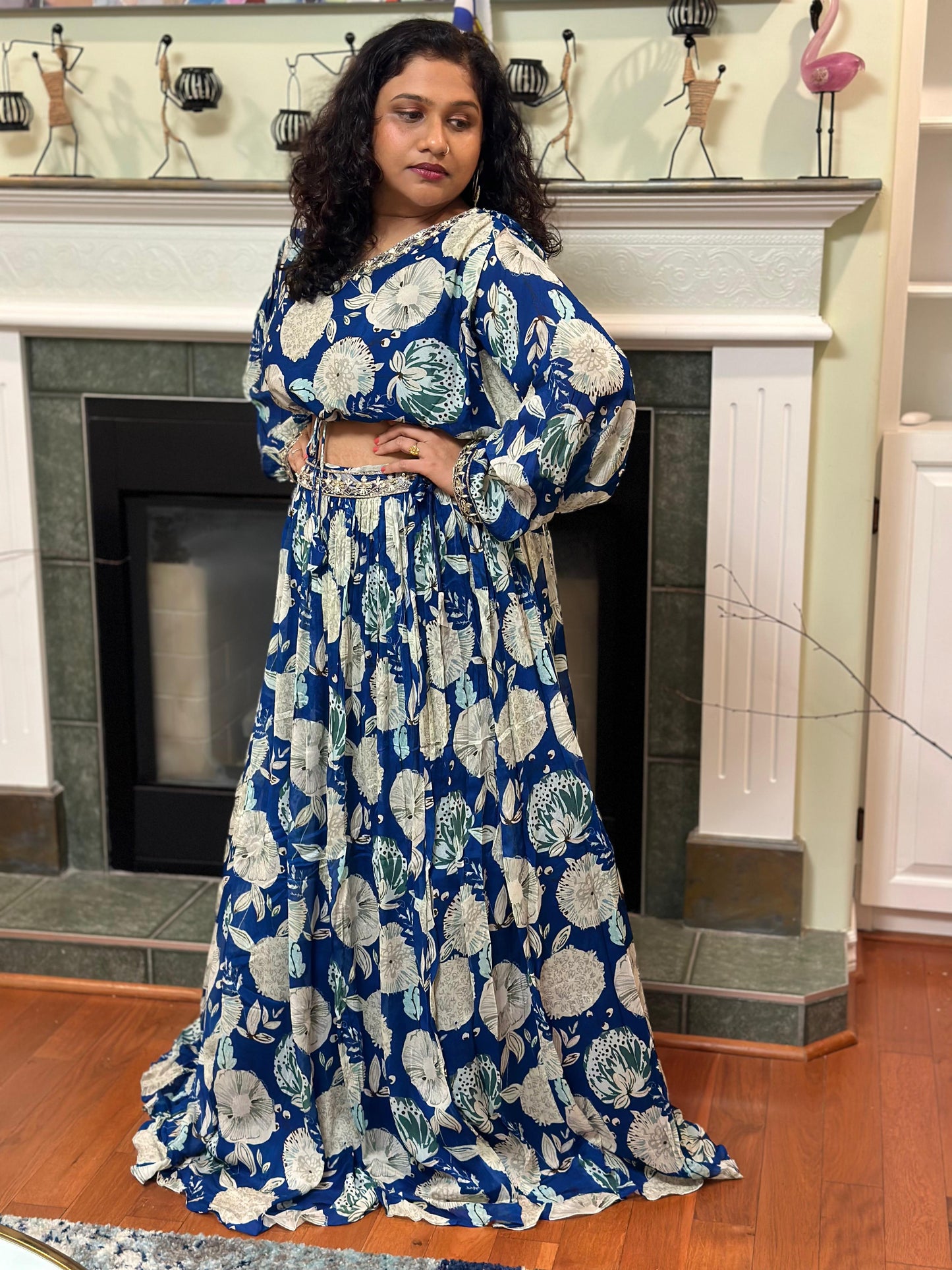 Ink Blue Pure CHINON silk Lehenga highlighted with mirror, Cutdana & sequins handwork