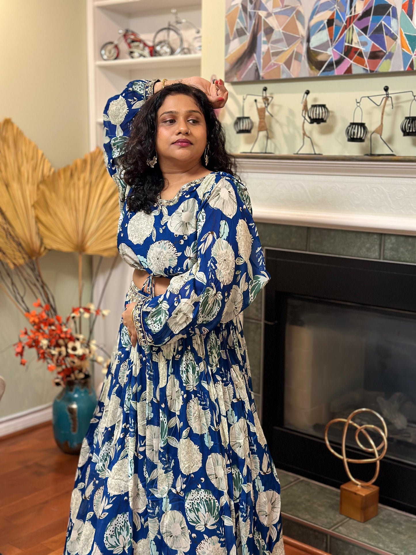 Ink Blue Pure CHINON silk Lehenga highlighted with mirror, Cutdana & sequins handwork