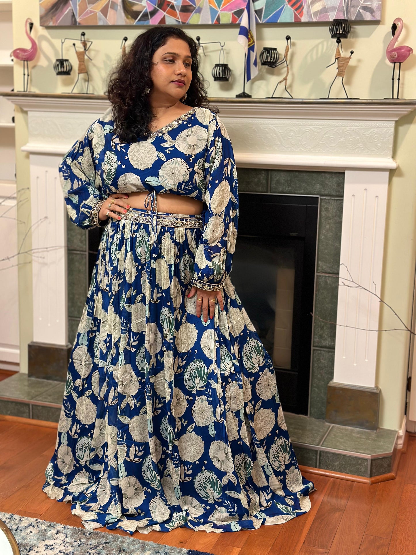 Ink Blue Pure CHINON silk Lehenga highlighted with mirror, Cutdana & sequins handwork